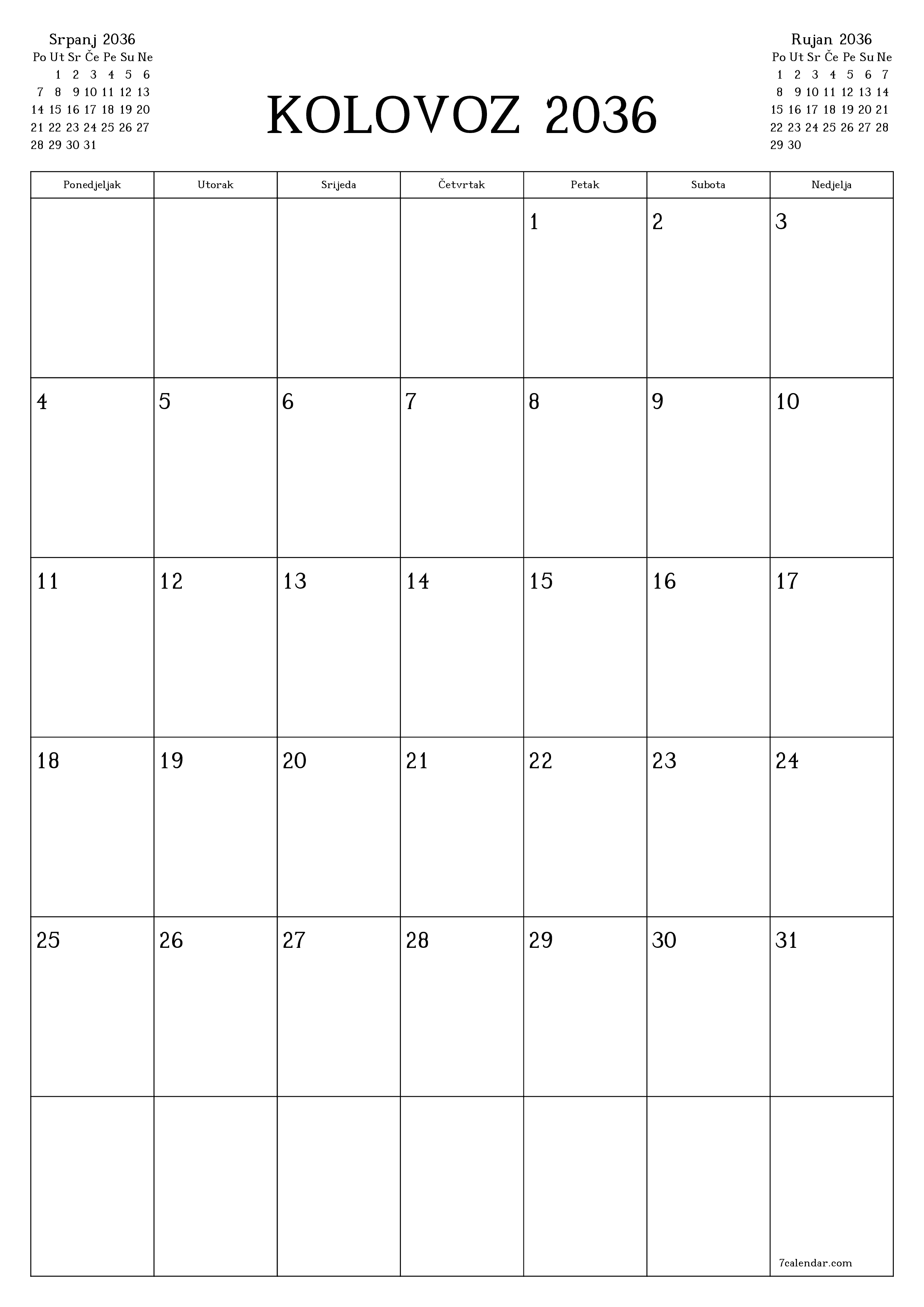  za ispis zidni predložak a besplatni okomito Mjesečni planer kalendar Kolovoz (Kol) 2036