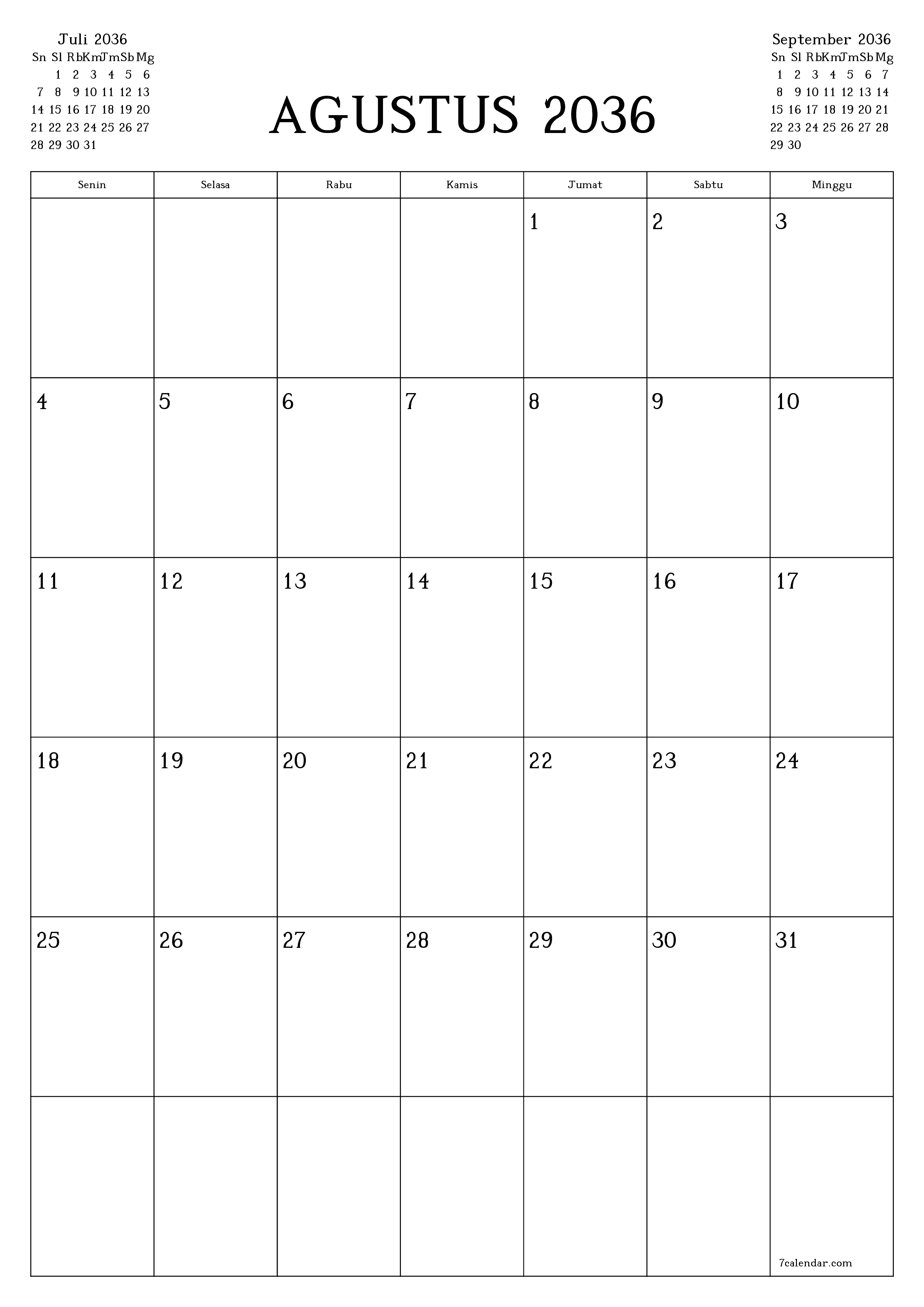  yang dapat dicetak dinding templat gratisvertikal Bulanan perencana kalender Agustus (Agt) 2036