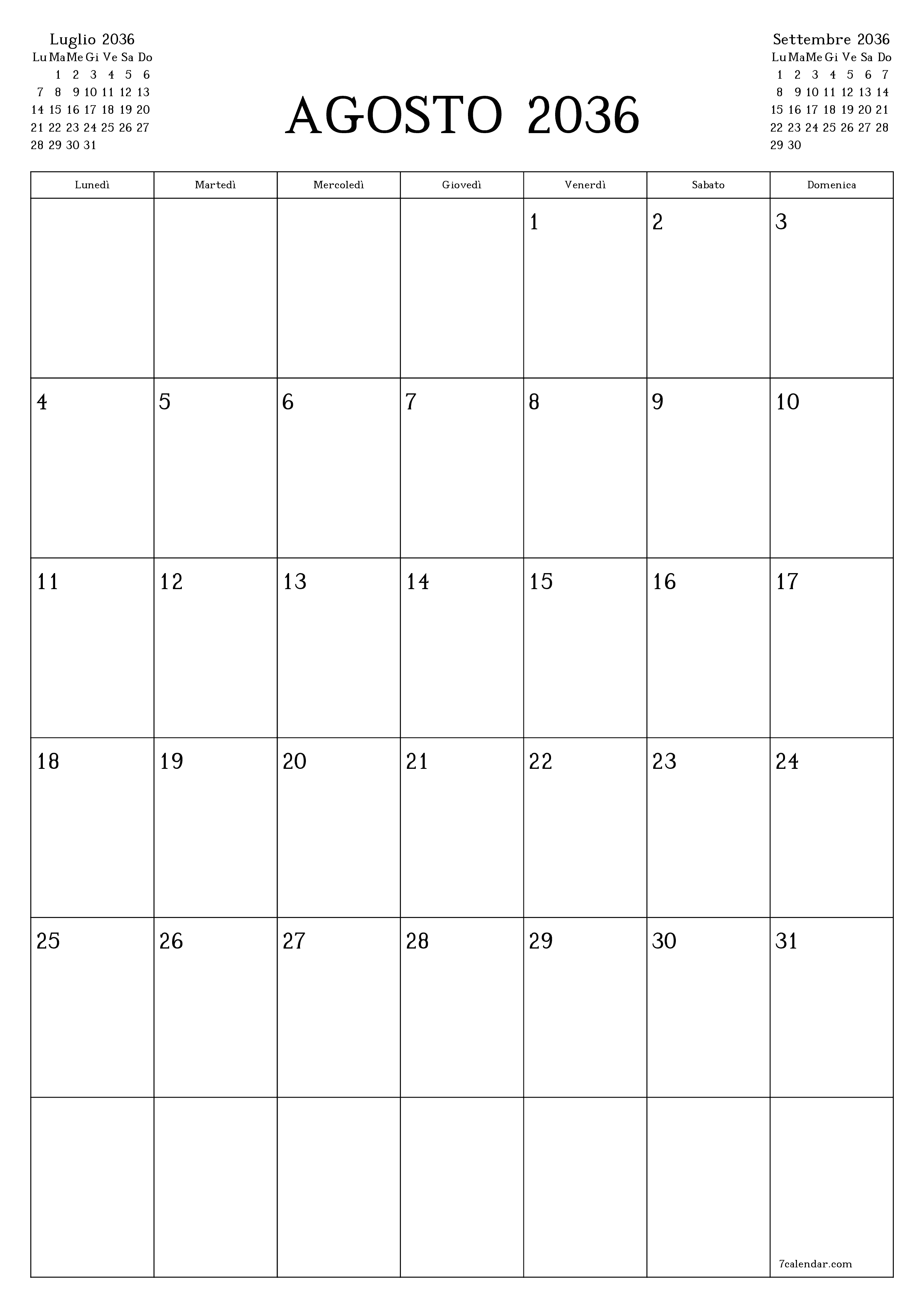  stampabile da parete modello di gratuitoverticale Mensile pianificatore calendario Agosto (Ago) 2036