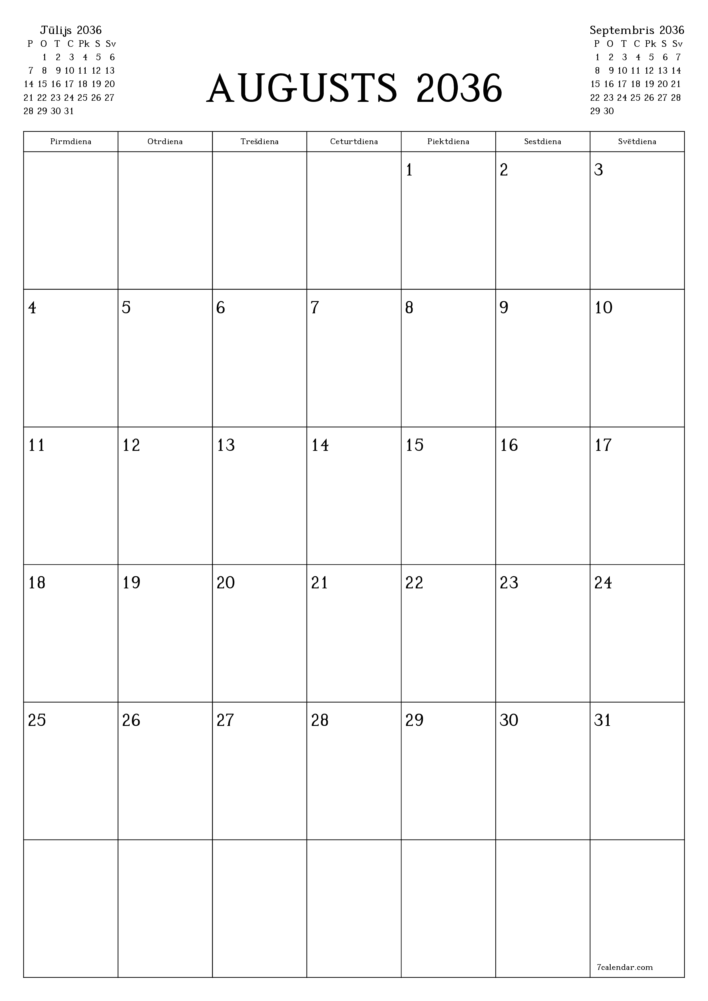 izdrukājams sienas kalendāra veidne bezmaksas vertikāli Mēneša plānotājs kalendārs Augusts (Aug) 2036