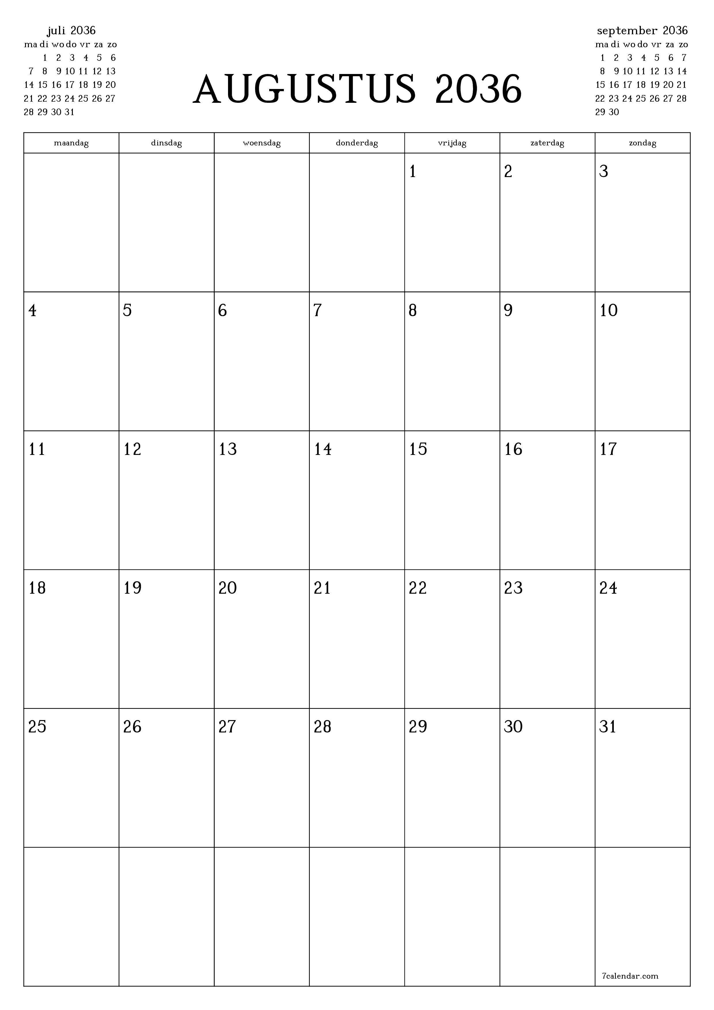 afdrukbare muur sjabloon gratis verticaal Maandelijks planner kalender augustus (aug) 2036