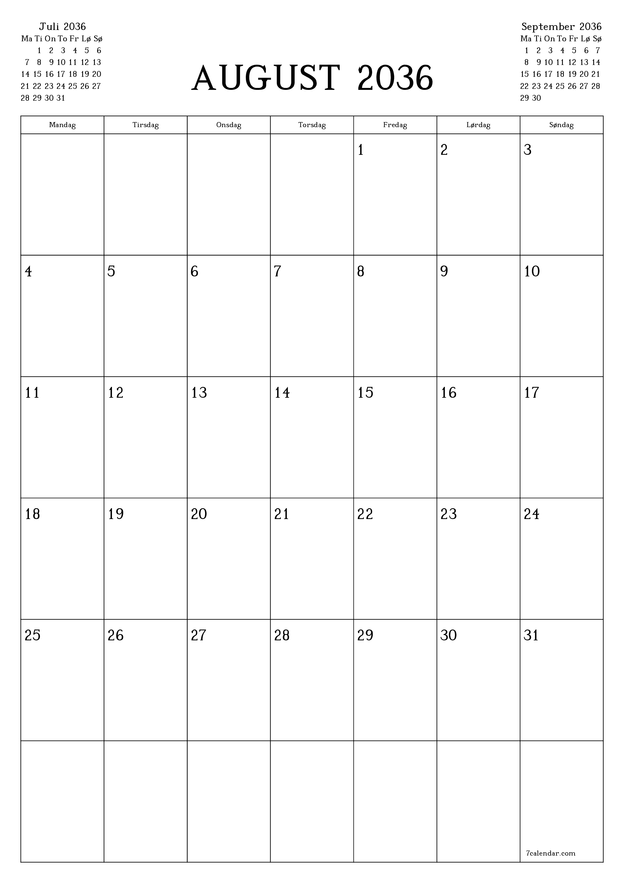 utskrivbar vegg mal gratis vertikal Månedlig planlegger kalender August (Aug) 2036