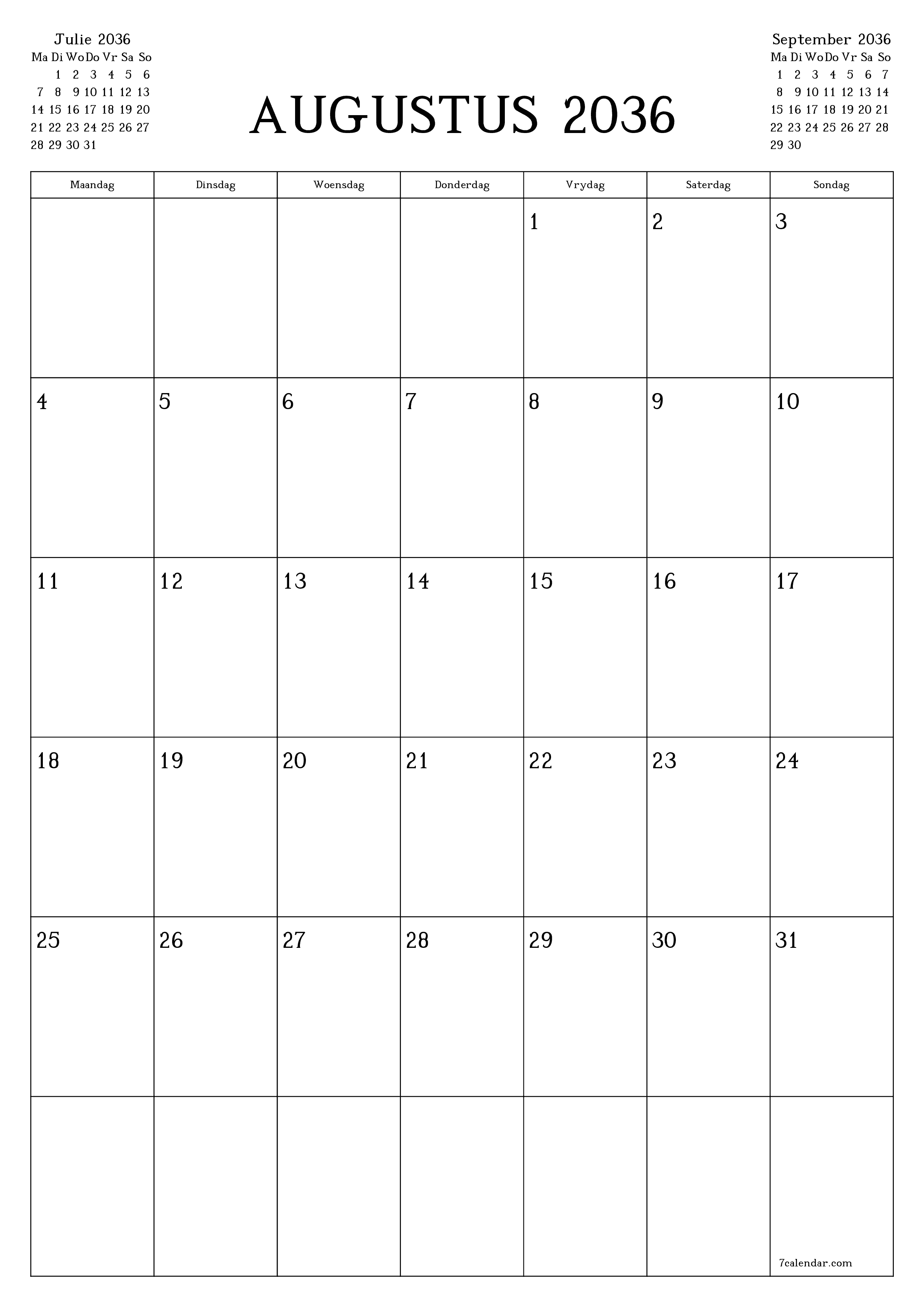 drukbare muur template gratis vertikaal Maandeliks beplanner kalender Augustus (Aug) 2036