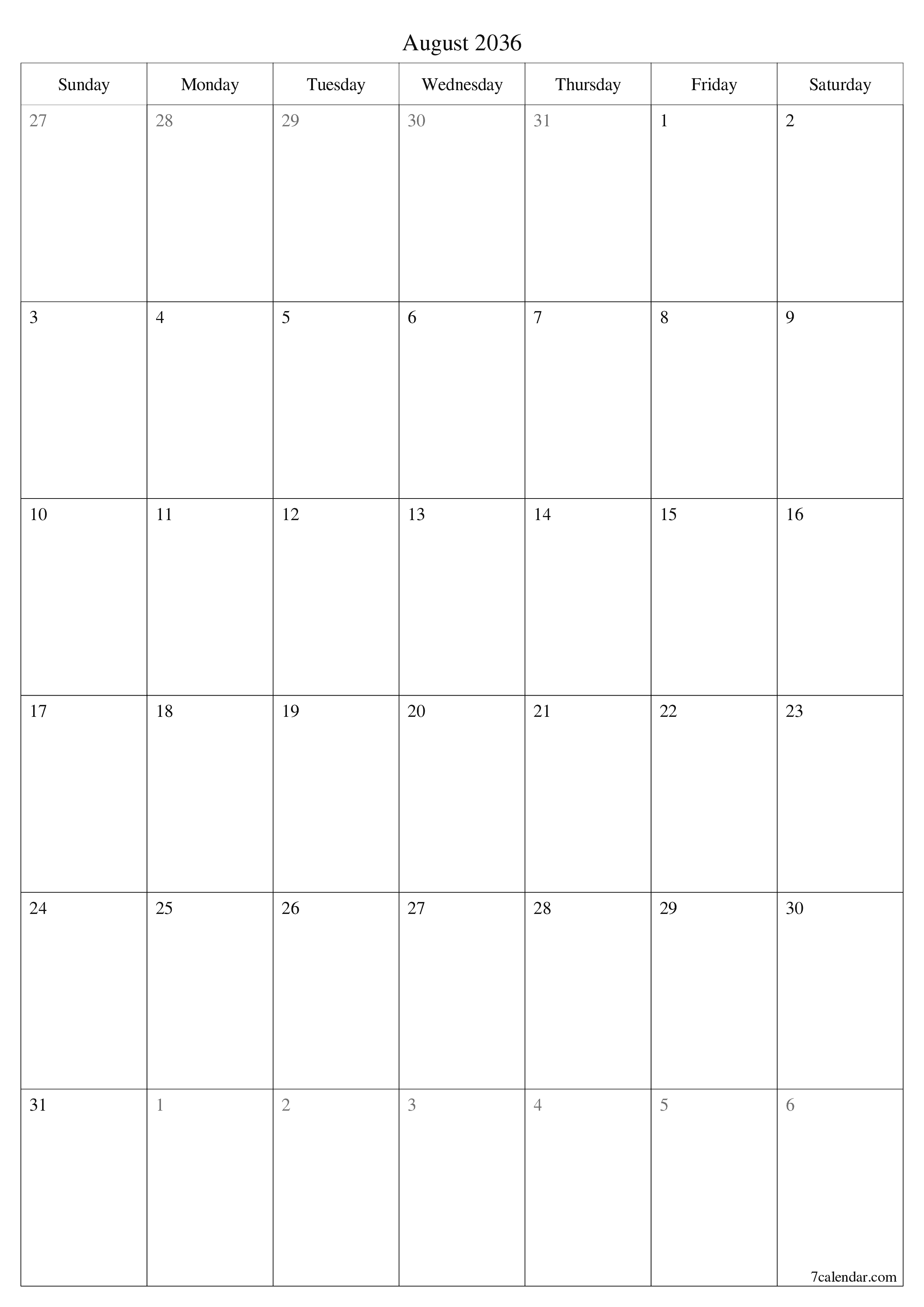 printable wall template free vertical Monthly planner calendar August (Aug) 2036