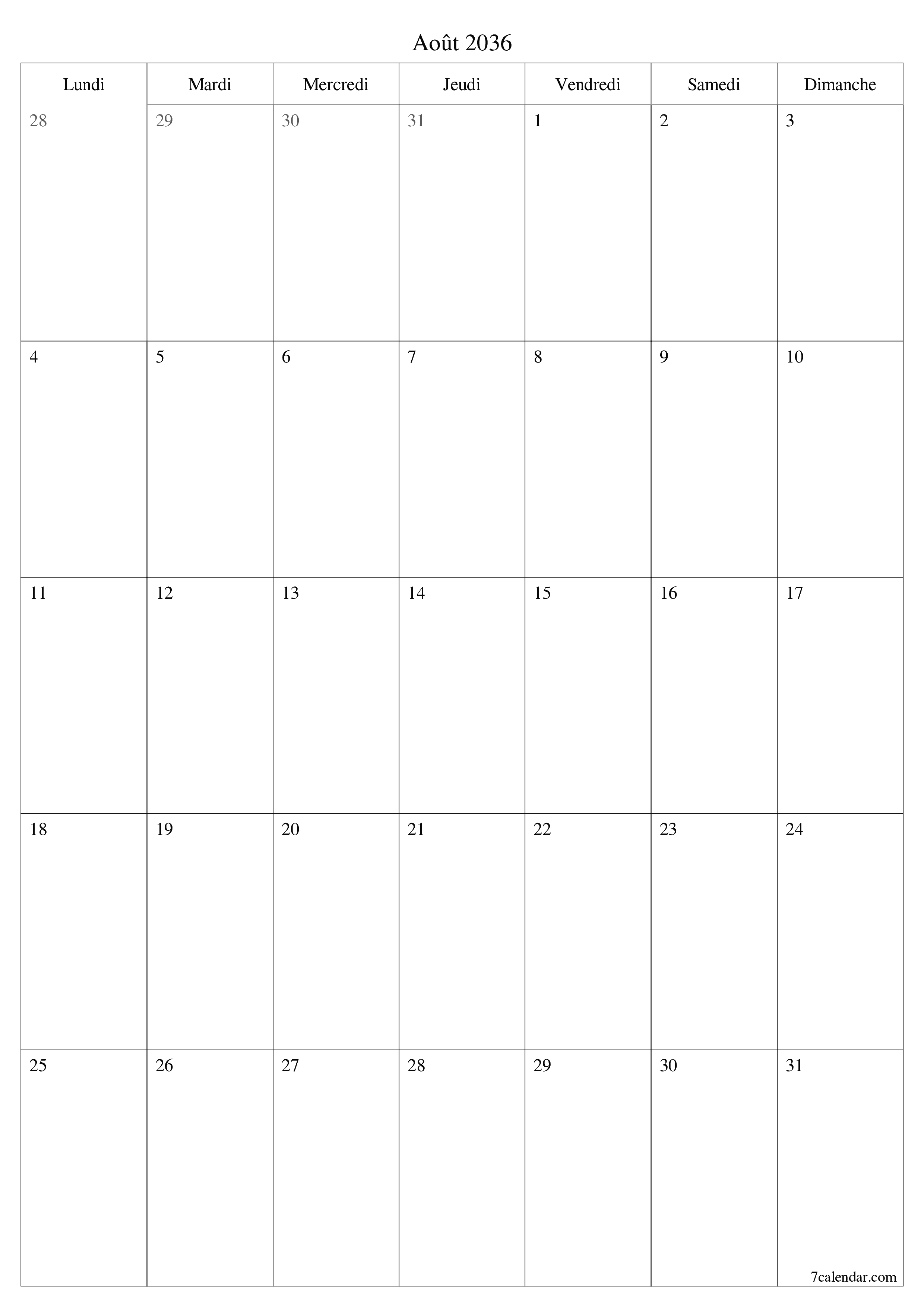  imprimable mural modèle de gratuitverticale Mensuel planificateur calendrier Août (Aou) 2036
