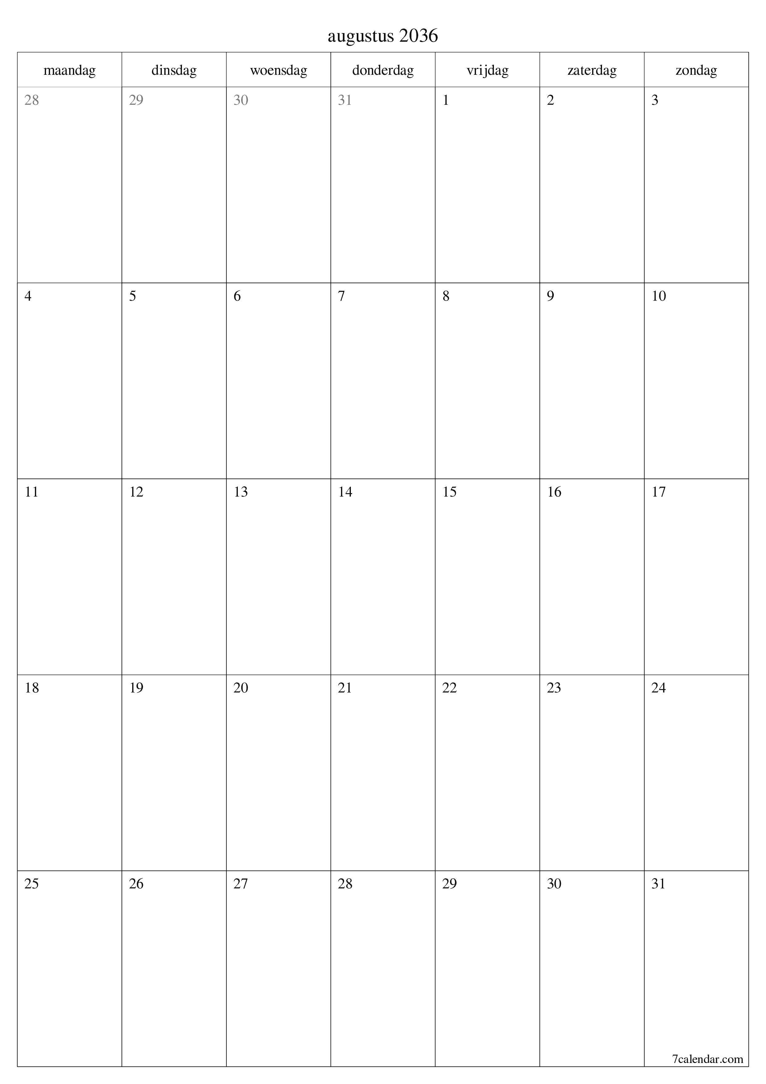 afdrukbare muur sjabloon gratis verticaal Maandelijks planner kalender augustus (aug) 2036