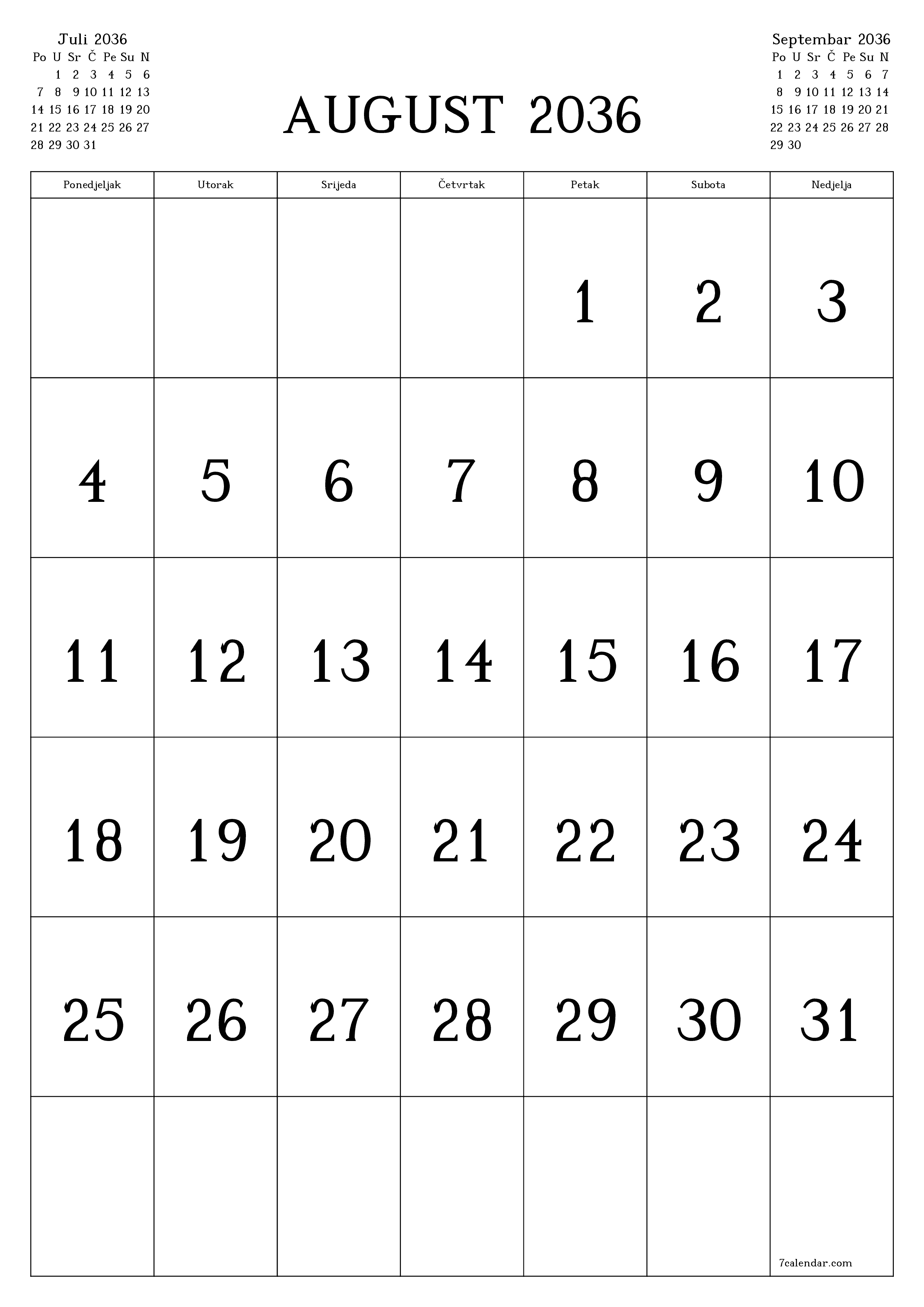  za štampanje zidni šablon a besplatni vertikalno Mjesečno kalendar August (Aug) 2036