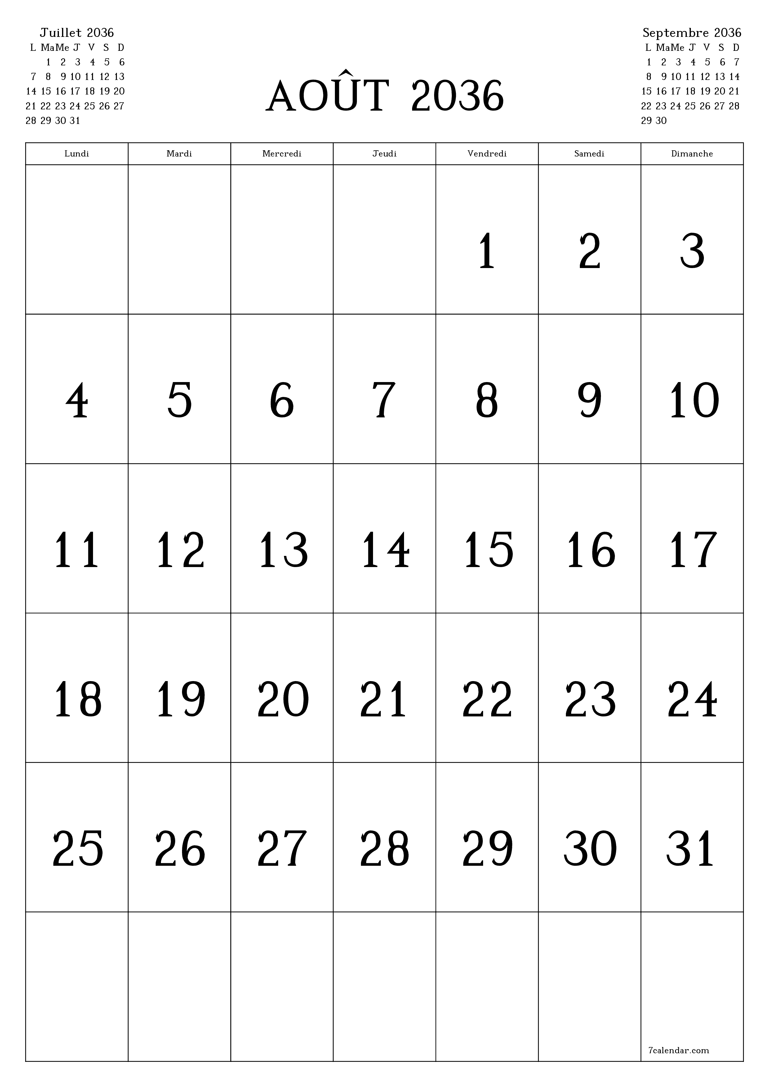  imprimable mural modèle de gratuitverticale Mensuel calendrier Août (Aou) 2036