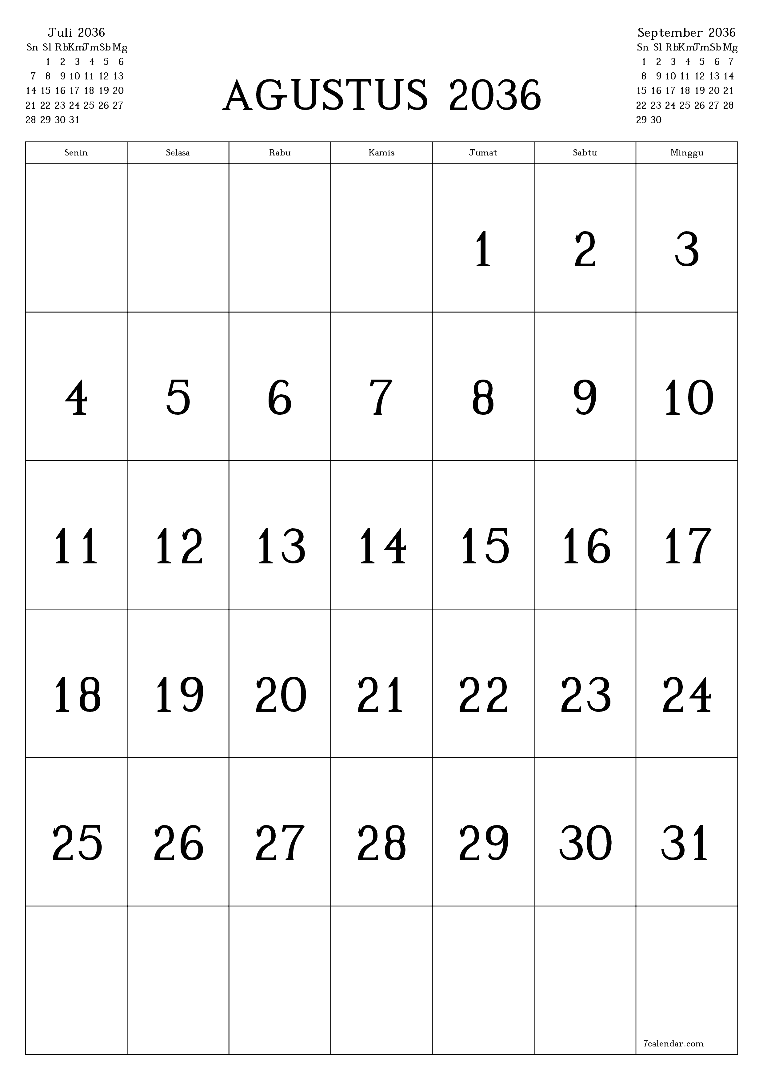  yang dapat dicetak dinding templat gratisvertikal Bulanan kalender Agustus (Agt) 2036