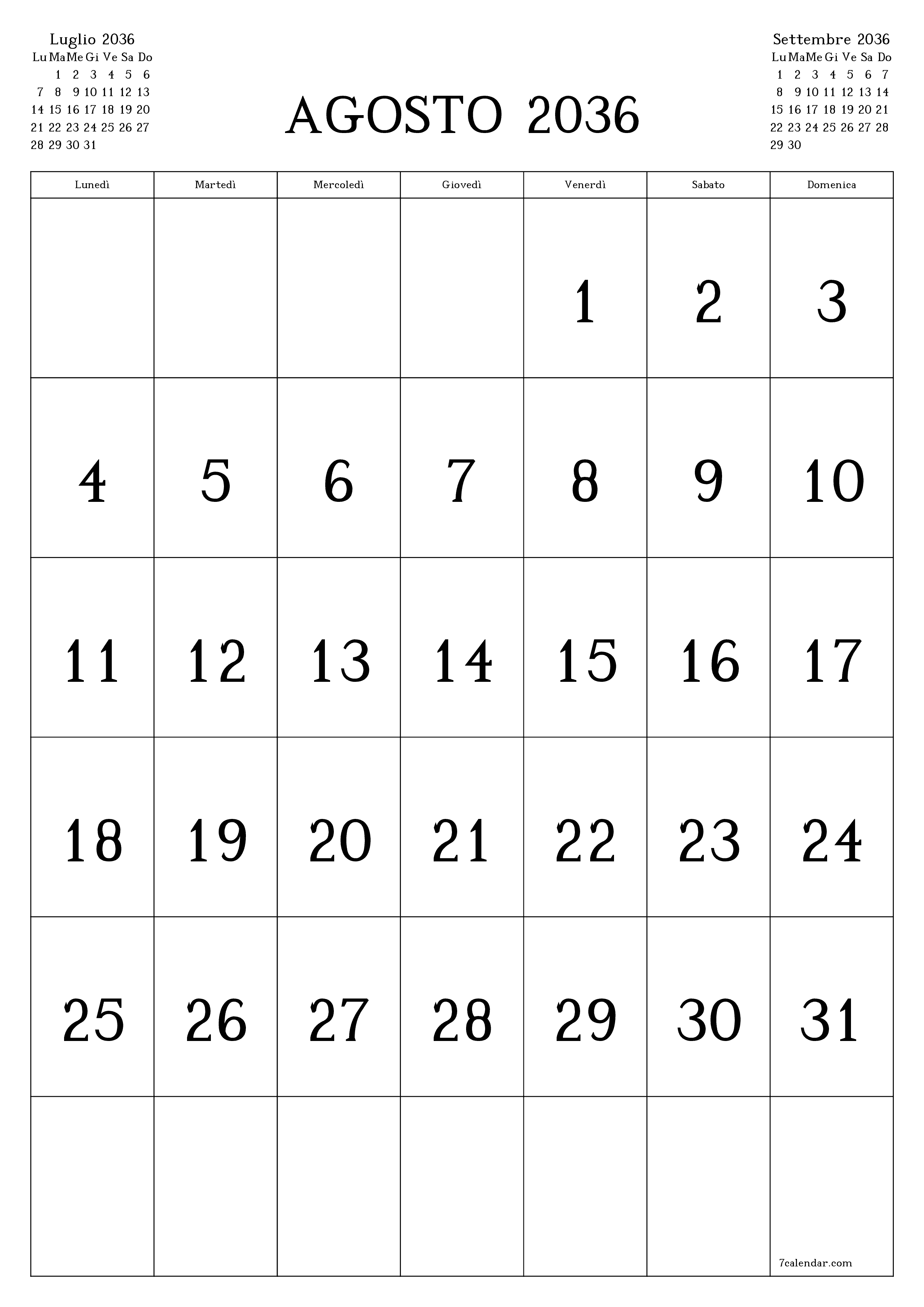  stampabile da parete modello di gratuitoverticale Mensile calendario Agosto (Ago) 2036