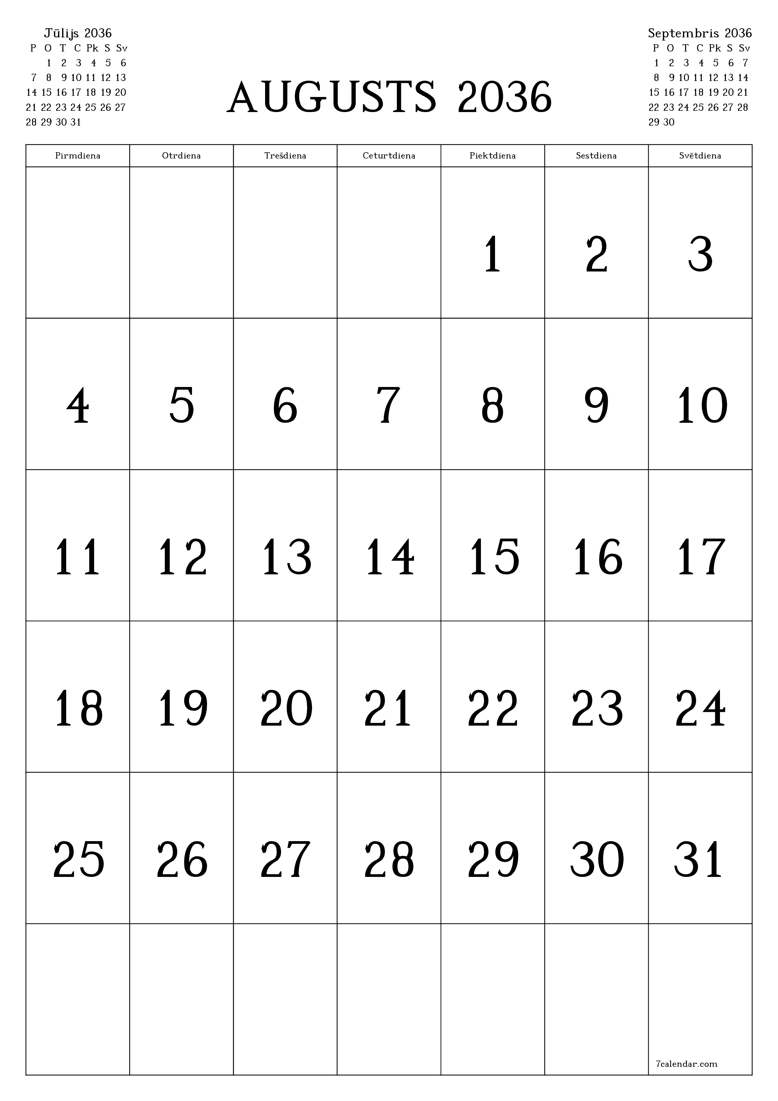 izdrukājams sienas kalendāra veidne bezmaksas vertikāli Mēneša kalendārs Augusts (Aug) 2036