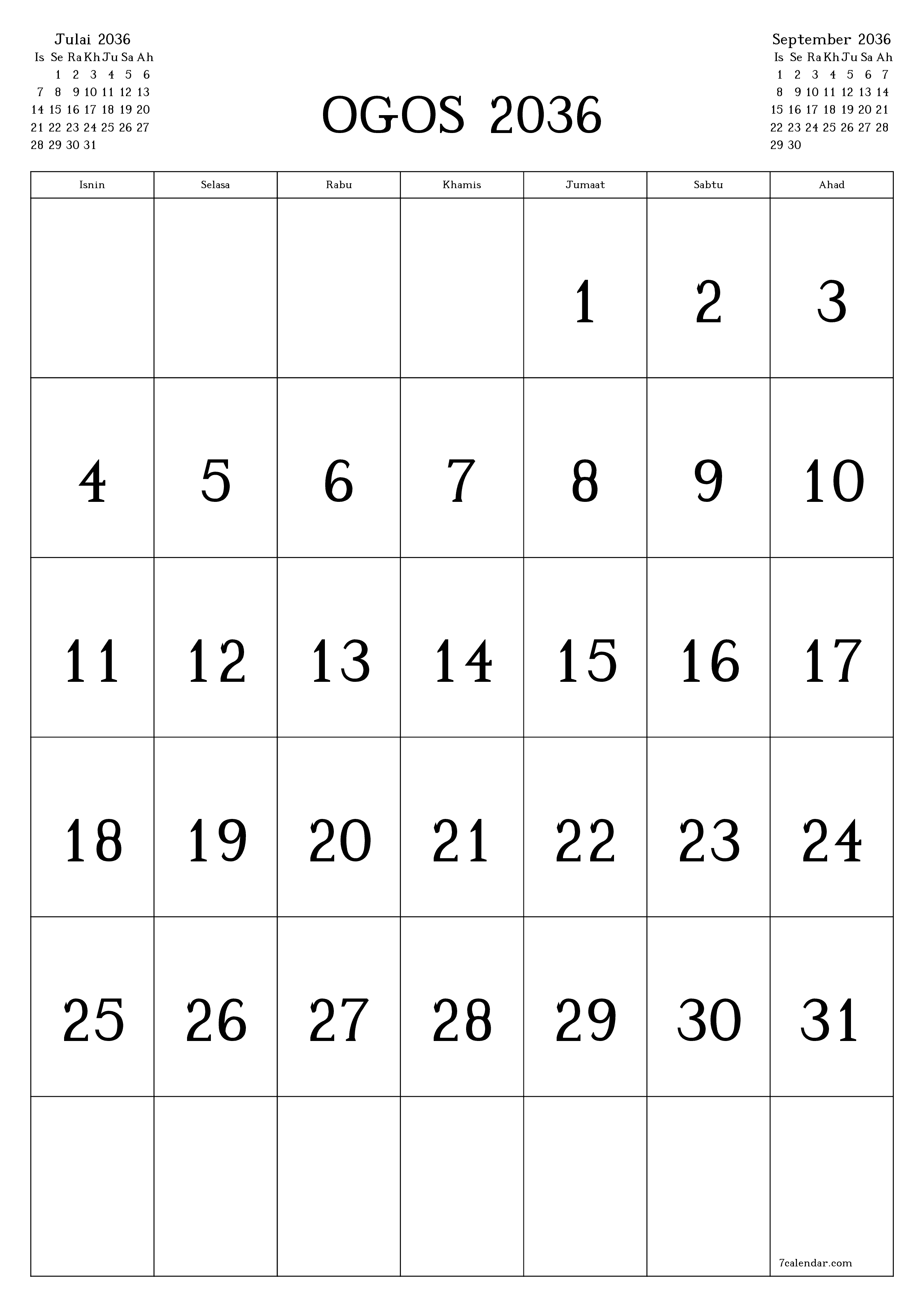  boleh cetak dinding templat percumamenegak Bulanan kalendar Ogos (Ogo) 2036