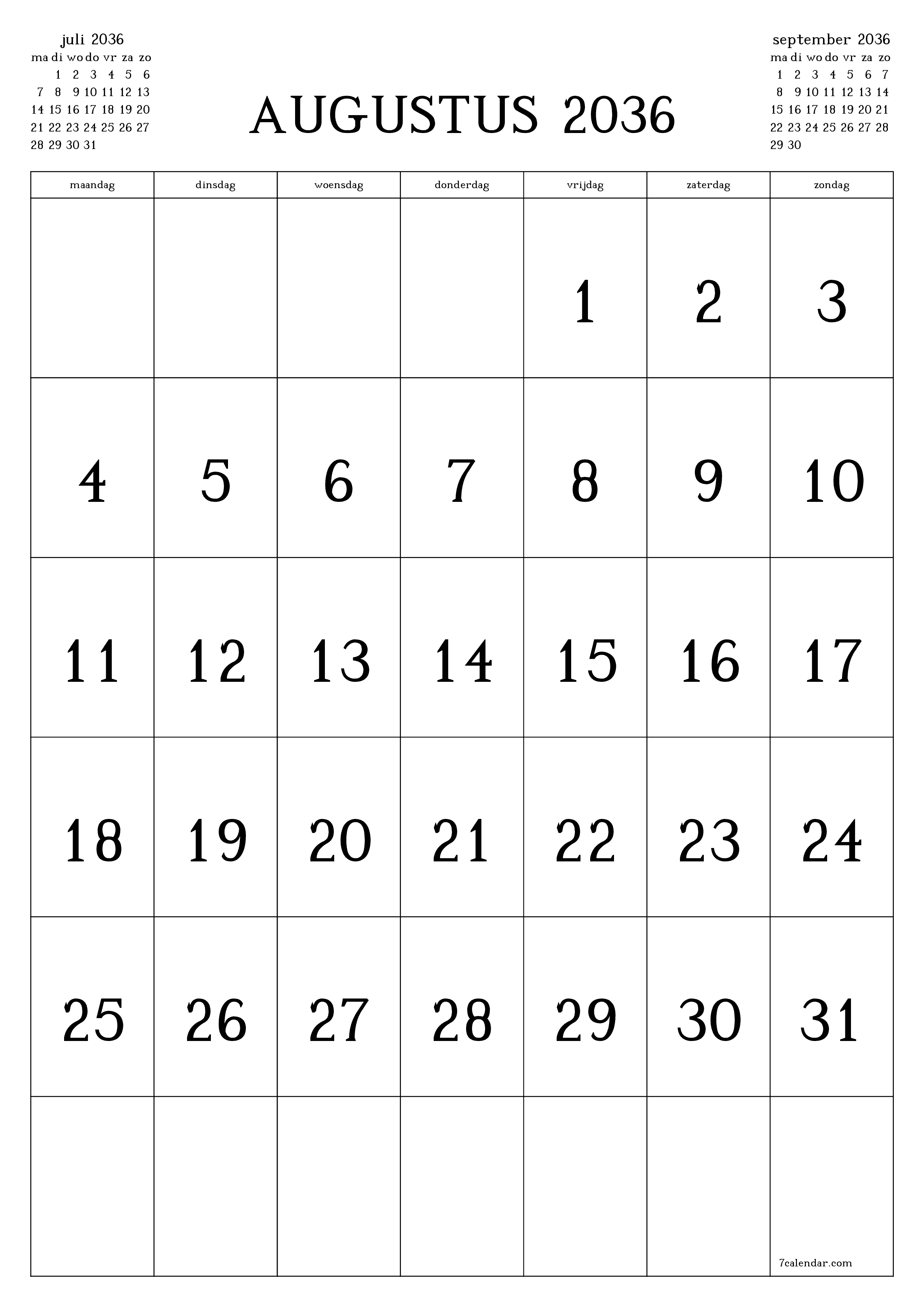 afdrukbare muur sjabloon gratis verticaal Maandelijks kalender augustus (aug) 2036