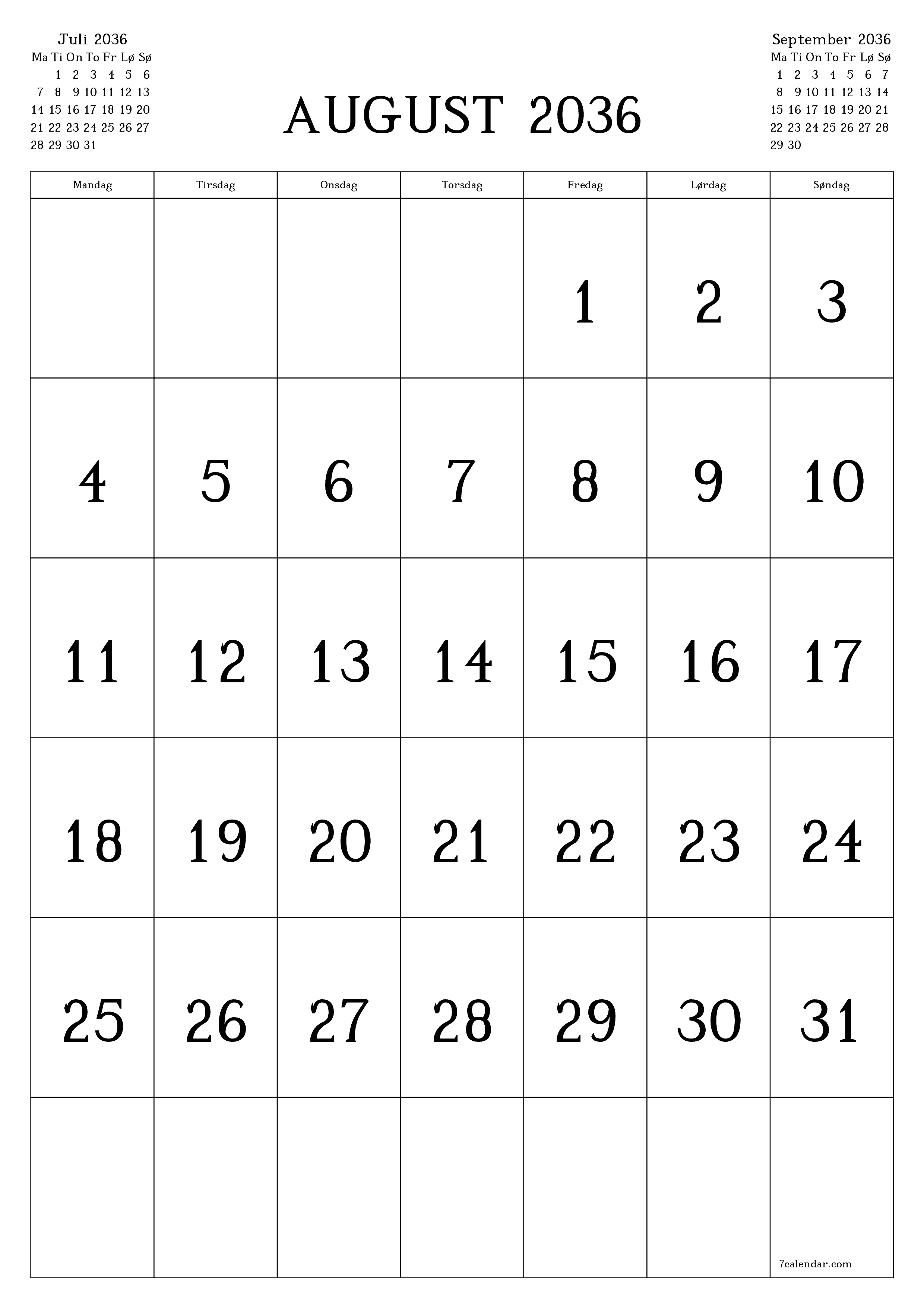 utskrivbar vegg mal gratis vertikal Månedlig kalender August (Aug) 2036