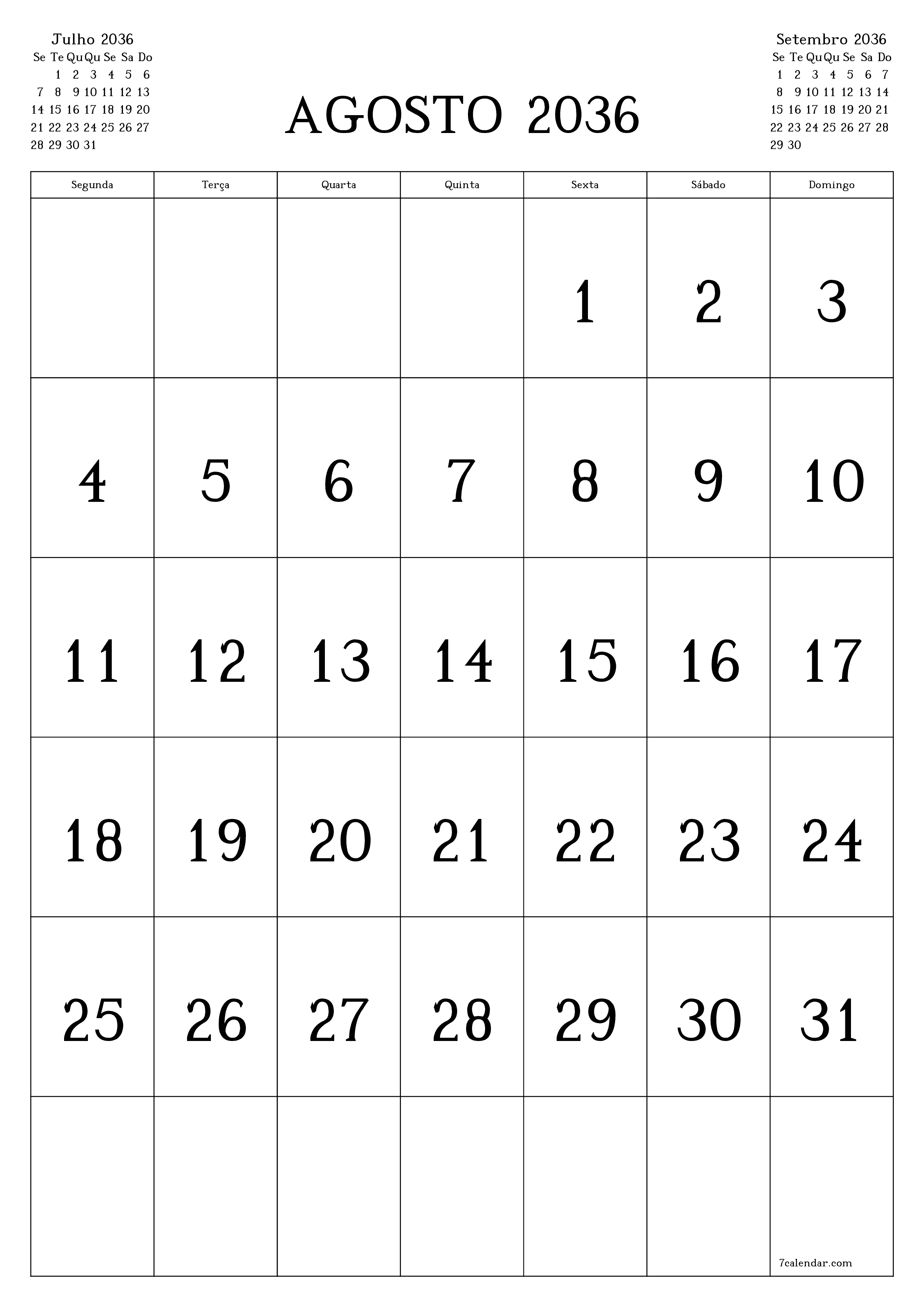  para impressão de parede modelo de grátisvertical Mensal calendário Agosto (Ago) 2036