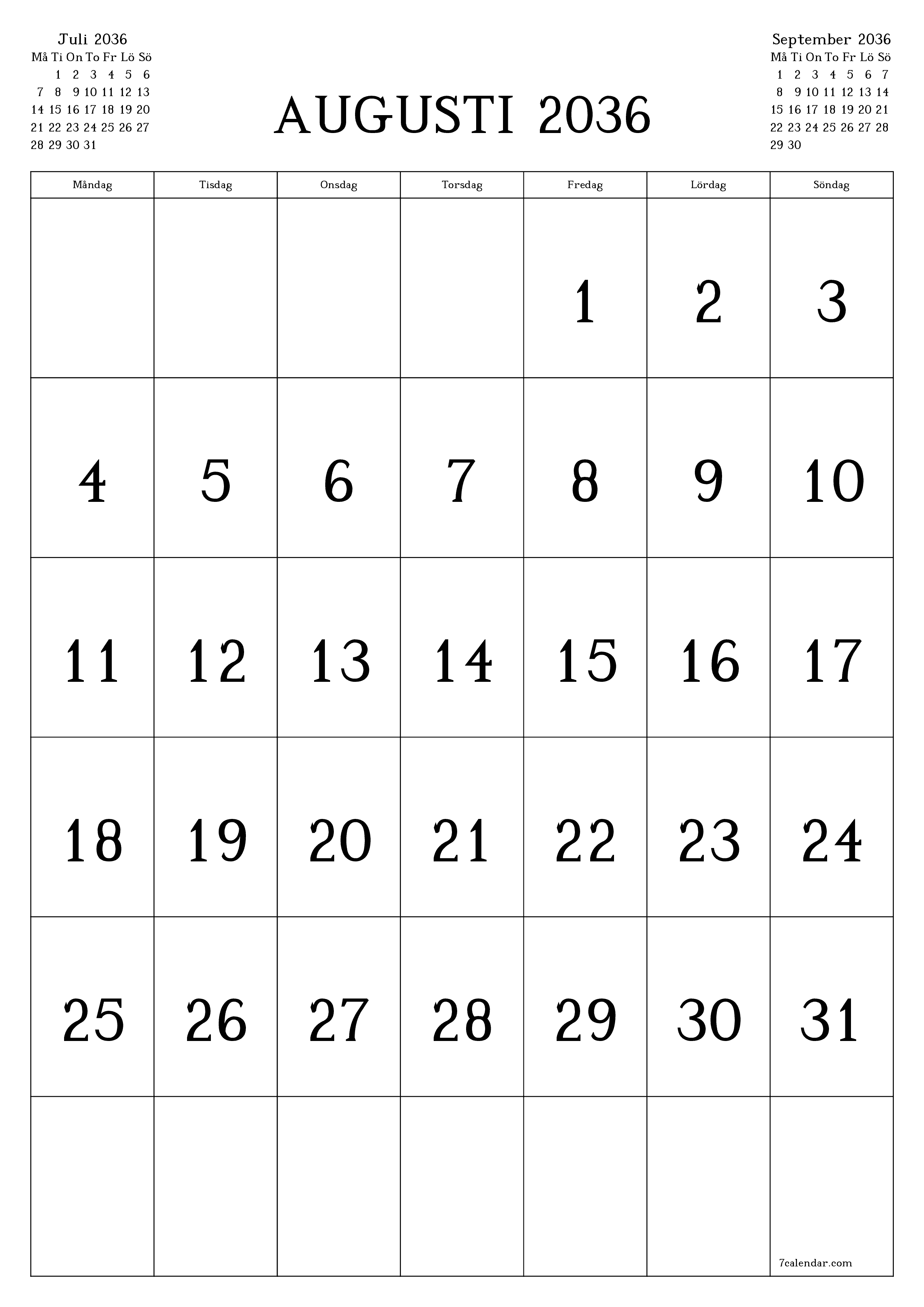 utskrivbar vägg mall gratis vertikal Månatlig kalender Augusti (Aug) 2036