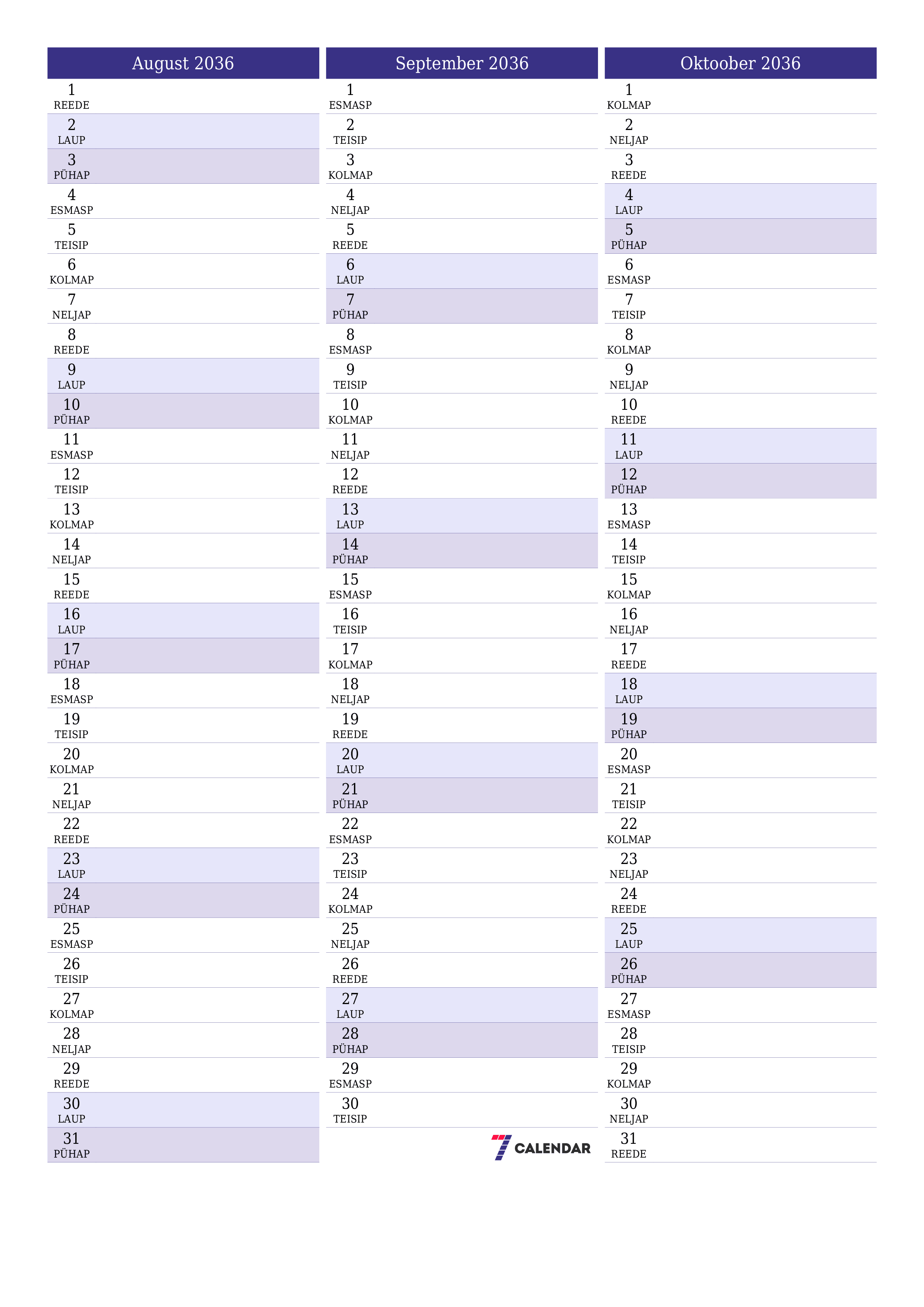 prinditav seina kalendri mall tasuta vertikaalne Igakuine planeerija kalender August (Aug) 2036