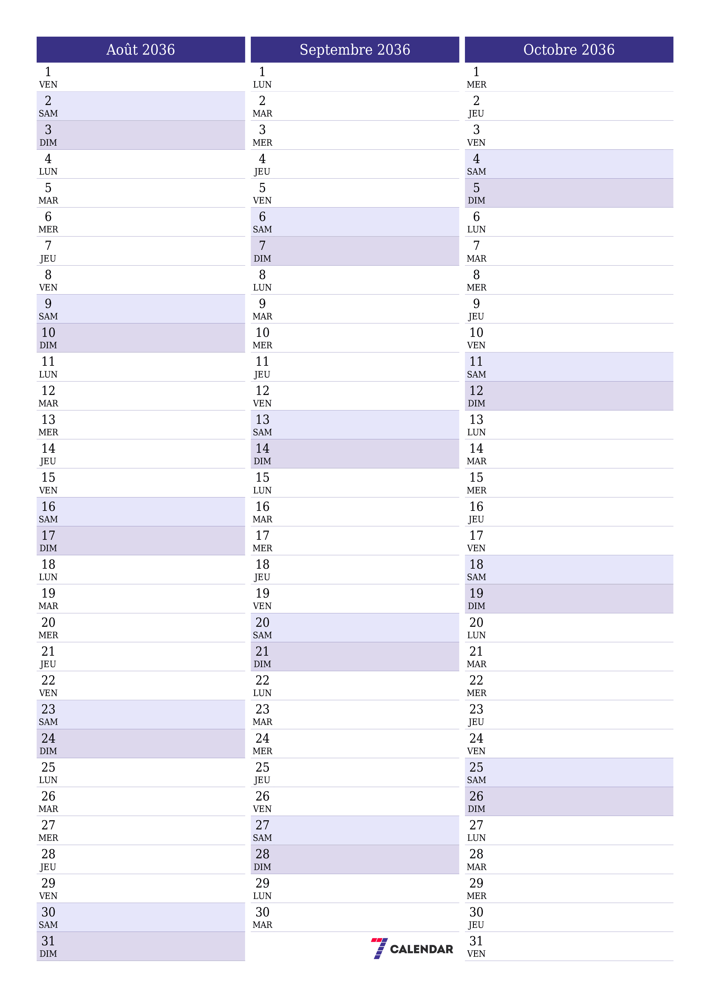  imprimable mural modèle de gratuitverticale Mensuel planificateur calendrier Août (Aou) 2036