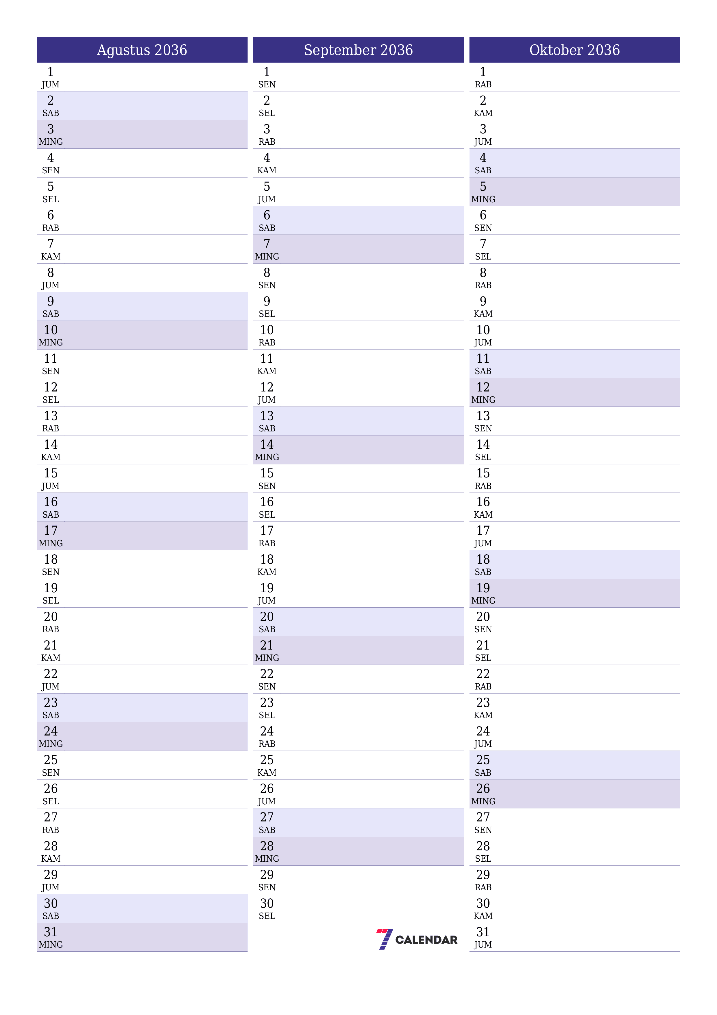  yang dapat dicetak dinding templat gratisvertikal Bulanan perencana kalender Agustus (Agt) 2036