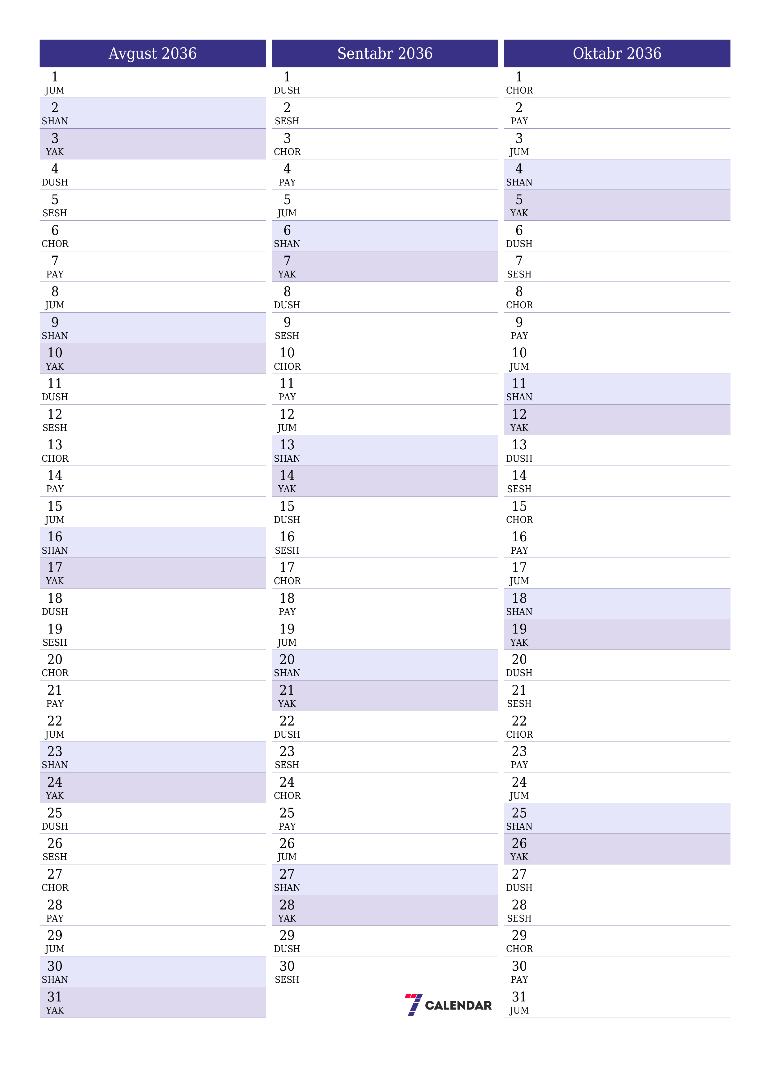 chop etiladigan devor taqvimi shabloni bepul vertikal Oylik rejalashtiruvchi kalendar Avgust (Avg) 2036