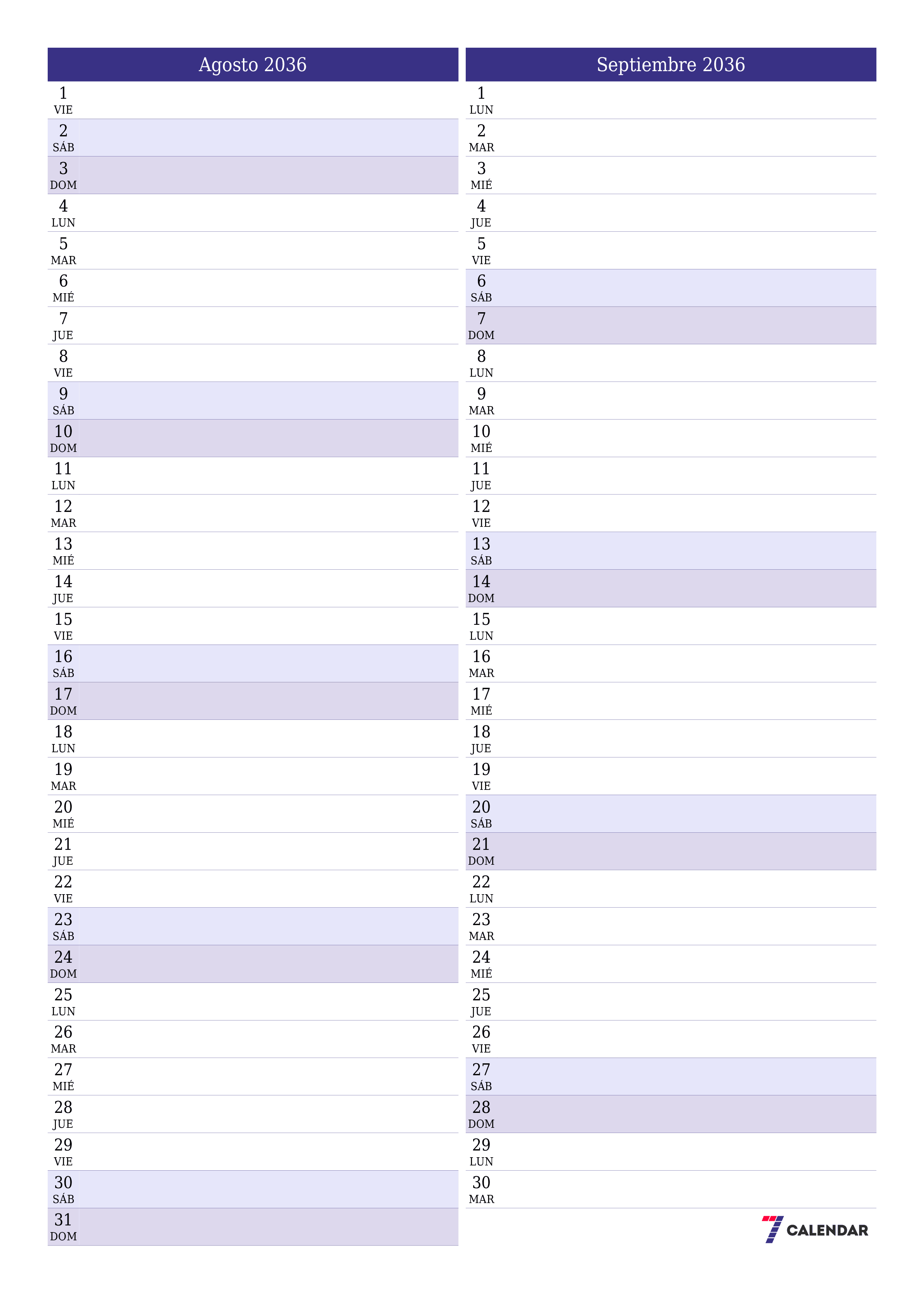  imprimible de pared plantilla de gratisvertical Mensual planificador calendario Agosto (Ago) 2036