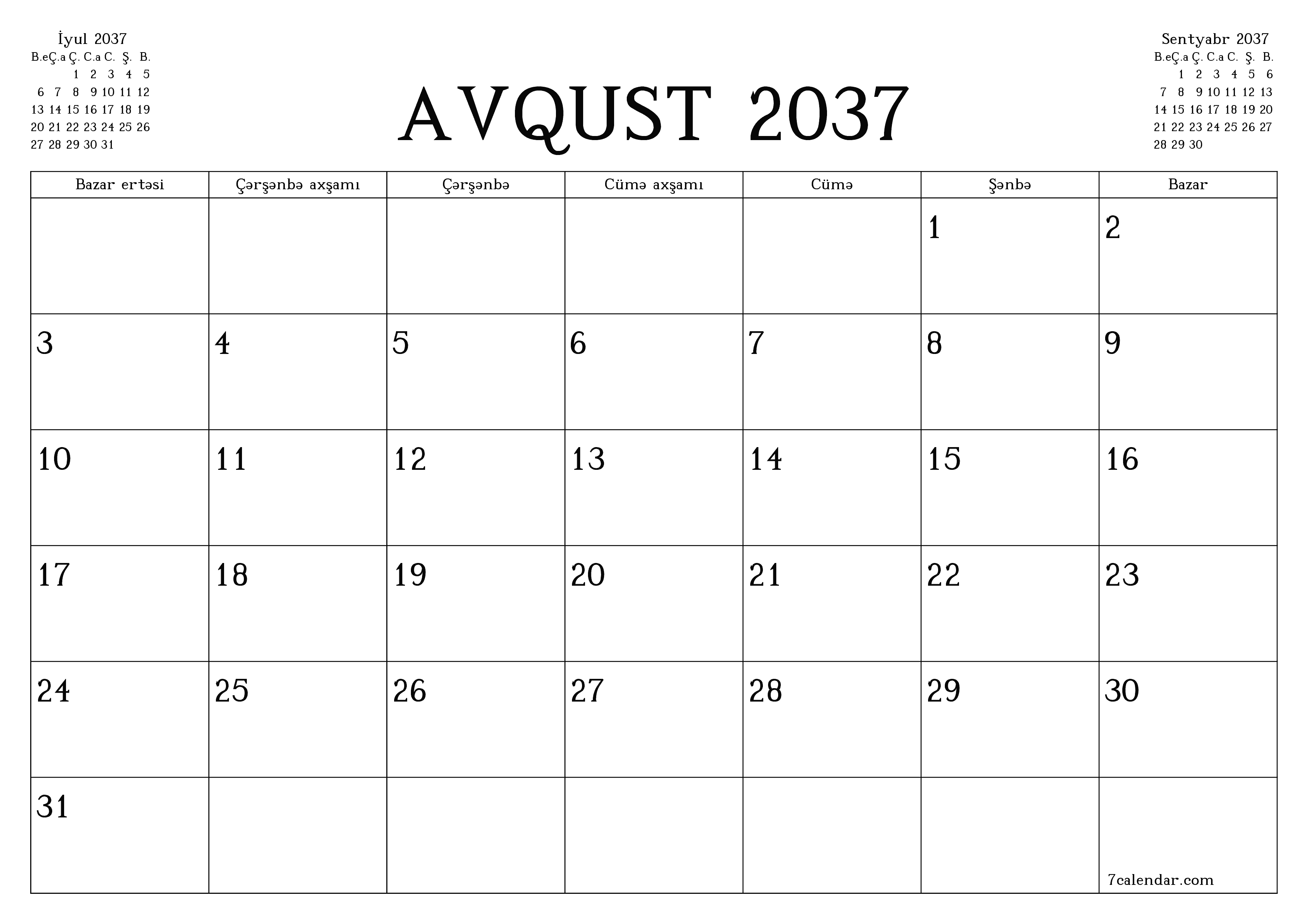 Avqust 2037 ayı üçün qeydlər ilə boş aylıq planlayıcı, qeyd edin və PDF-ə yazdırın PNG Azerbaijani