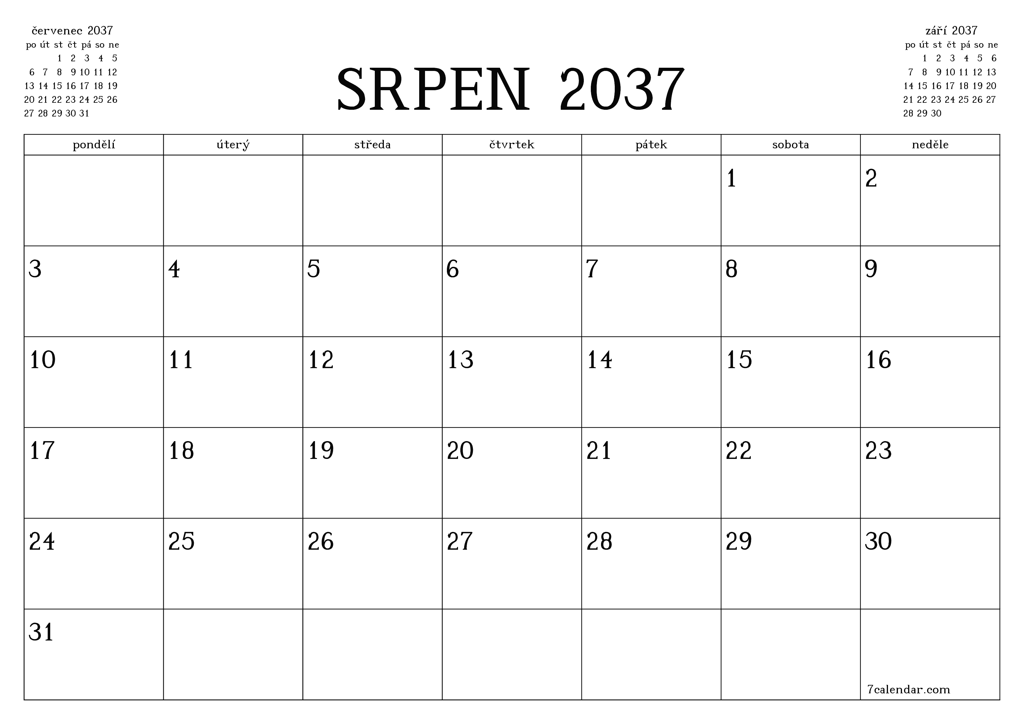 Vyprázdnit měsíční plánovač na měsíc srpen 2037 s poznámkami, uložit a vytisknout do PDF PNG Czech