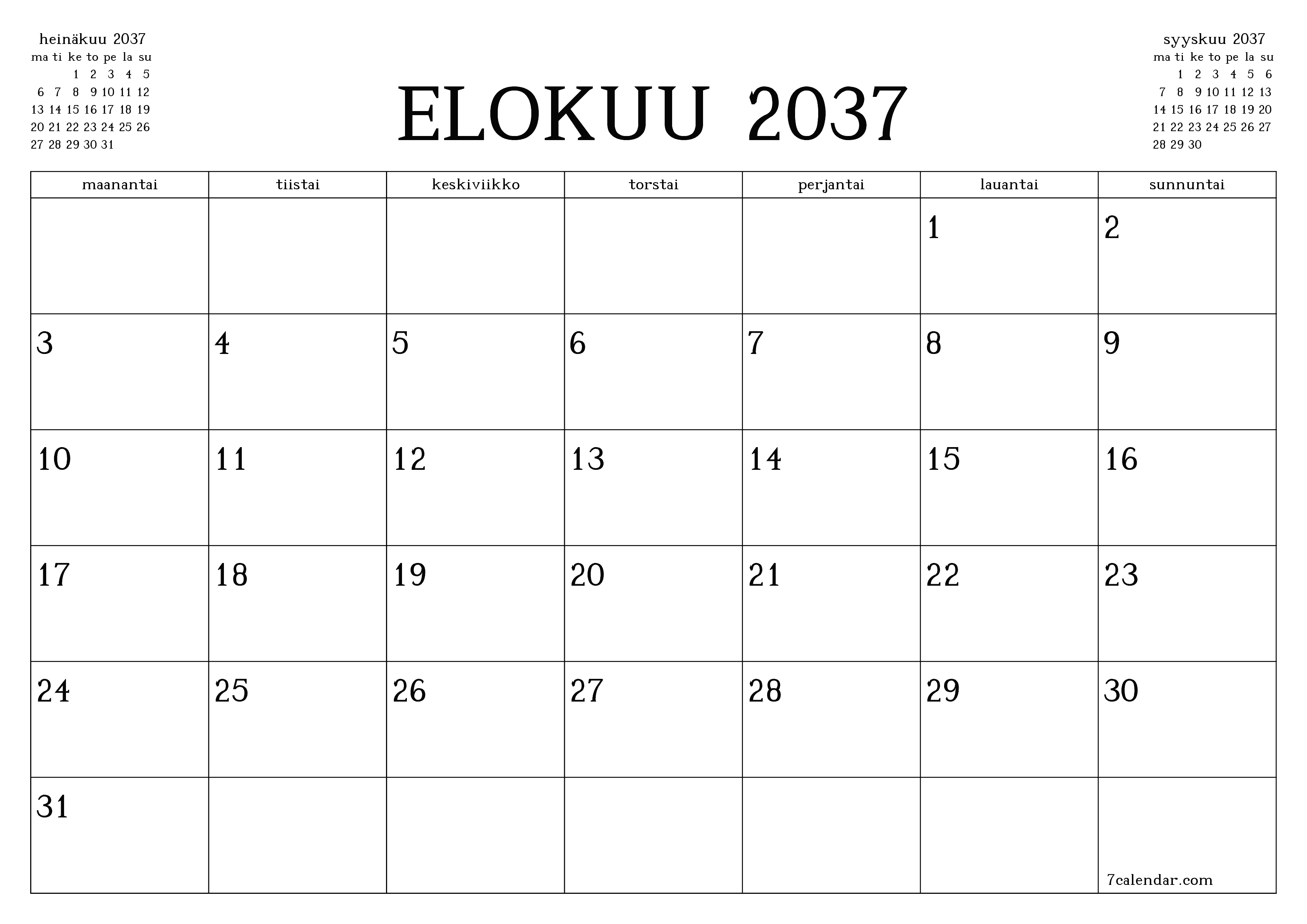 Tyhjennä kuukausittainen suunnittelija kuukaudelle Elokuu 2037 muistiinpanoilla, tallenna ja tulosta PDF-muotoon PNG Finnish