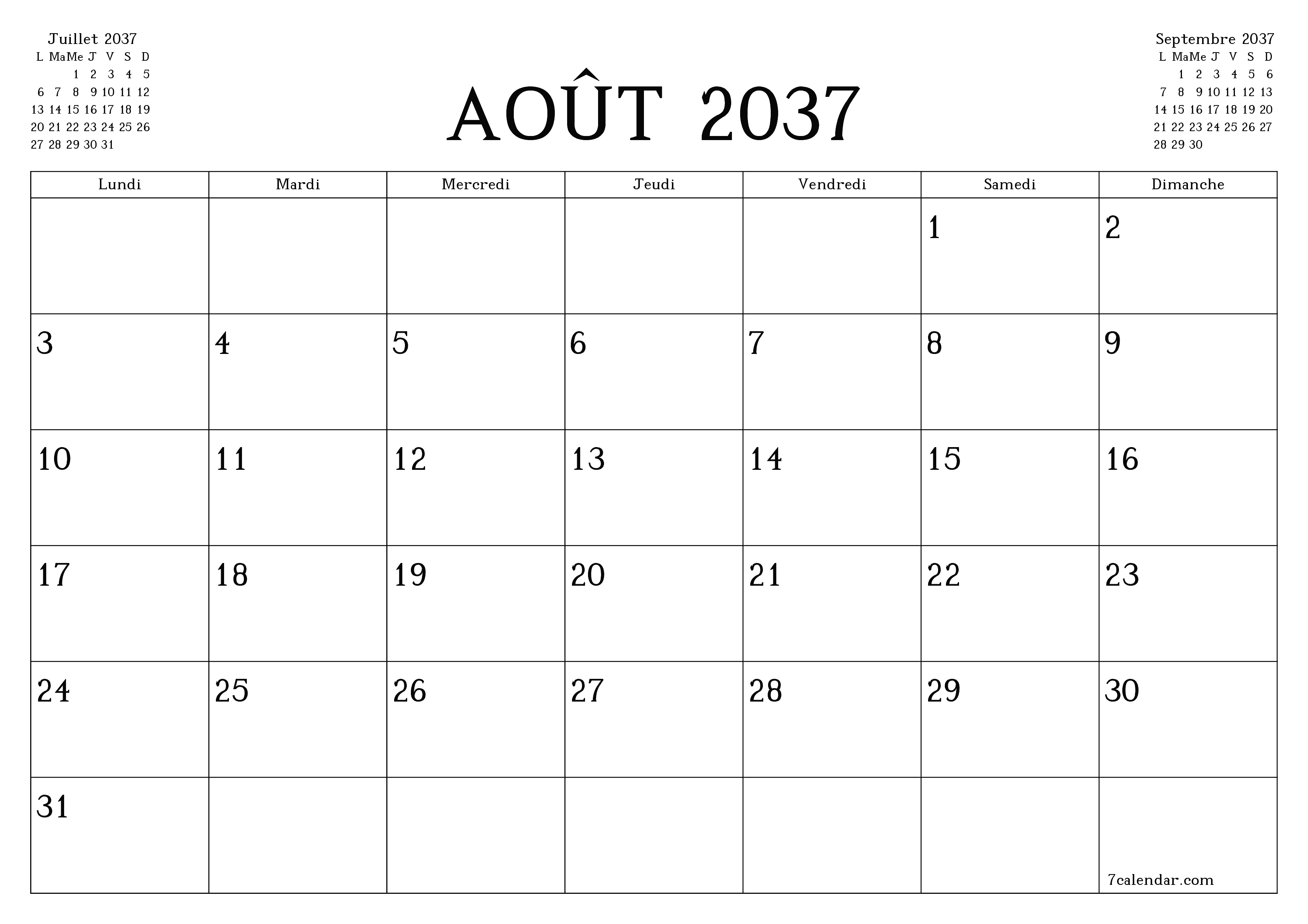 Agenda mensuel vide pour le mois Août 2037 avec notes, enregistrez et imprimez au format PDF PNG French