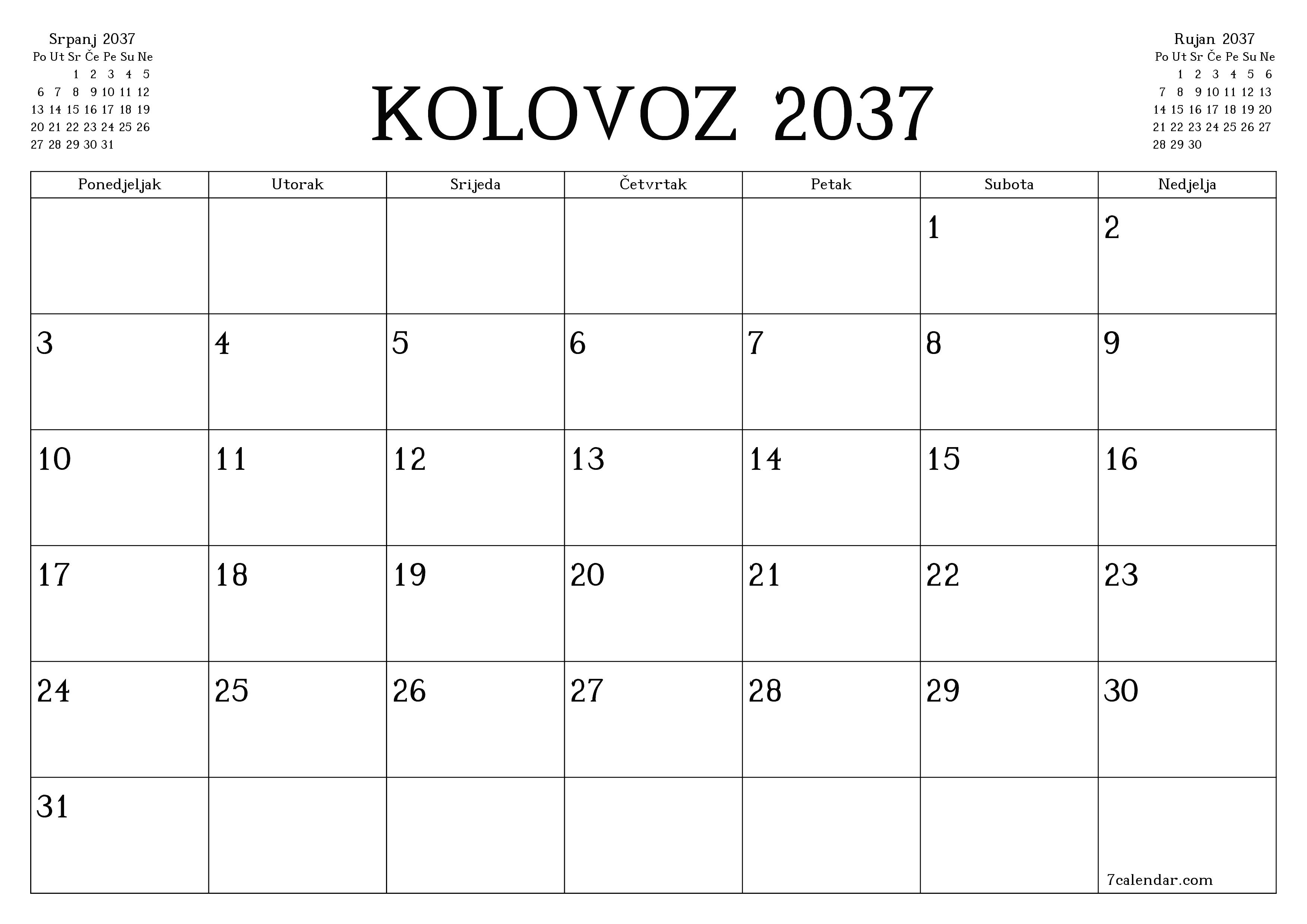 Ispraznite mjesečni planer za mjesec Kolovoz 2037 s bilješkama, spremite i ispišite u PDF PNG Croatian