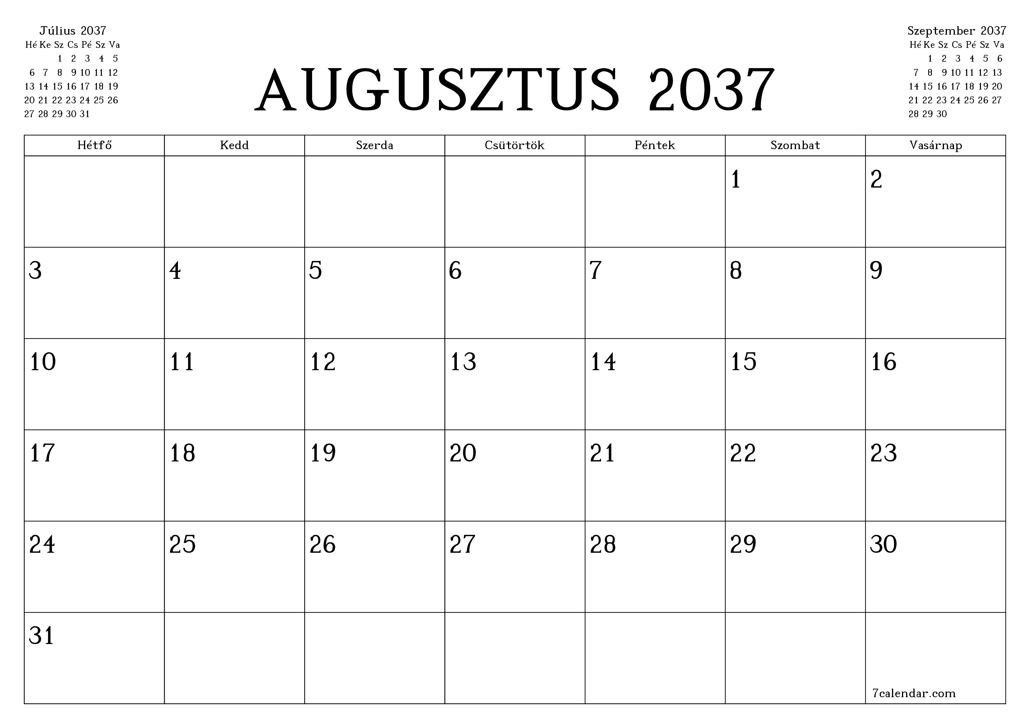 Üres havi tervező a Augusztus 2037 hónapra jegyzetekkel, mentés és nyomtatás PDF-be PNG Hungarian