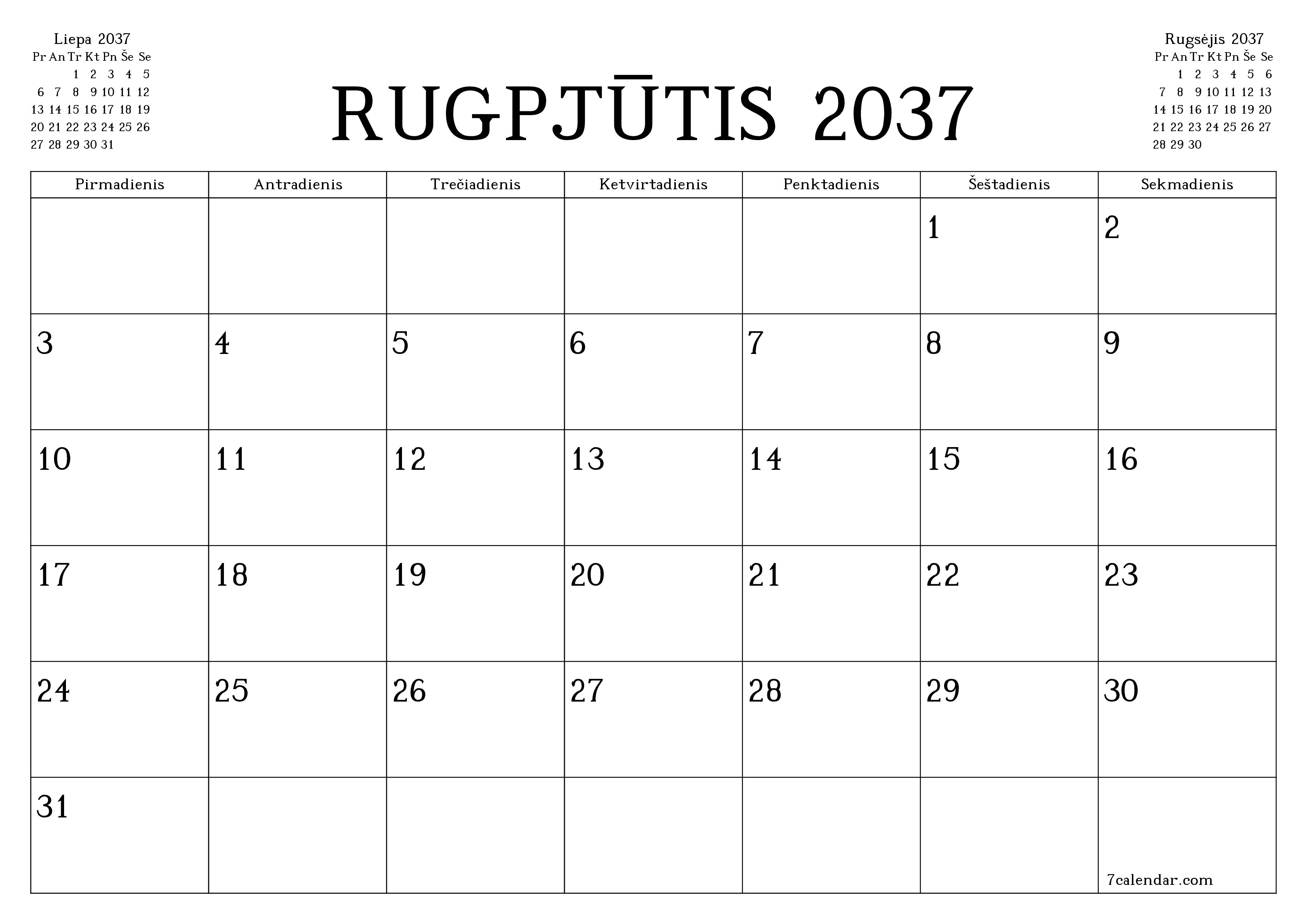 Ištuštinti mėnesio Rugpjūtis 2037 mėnesio planavimo priemonę su užrašais, išsaugoti ir atsispausdinti PDF formate PNG Lithuanian