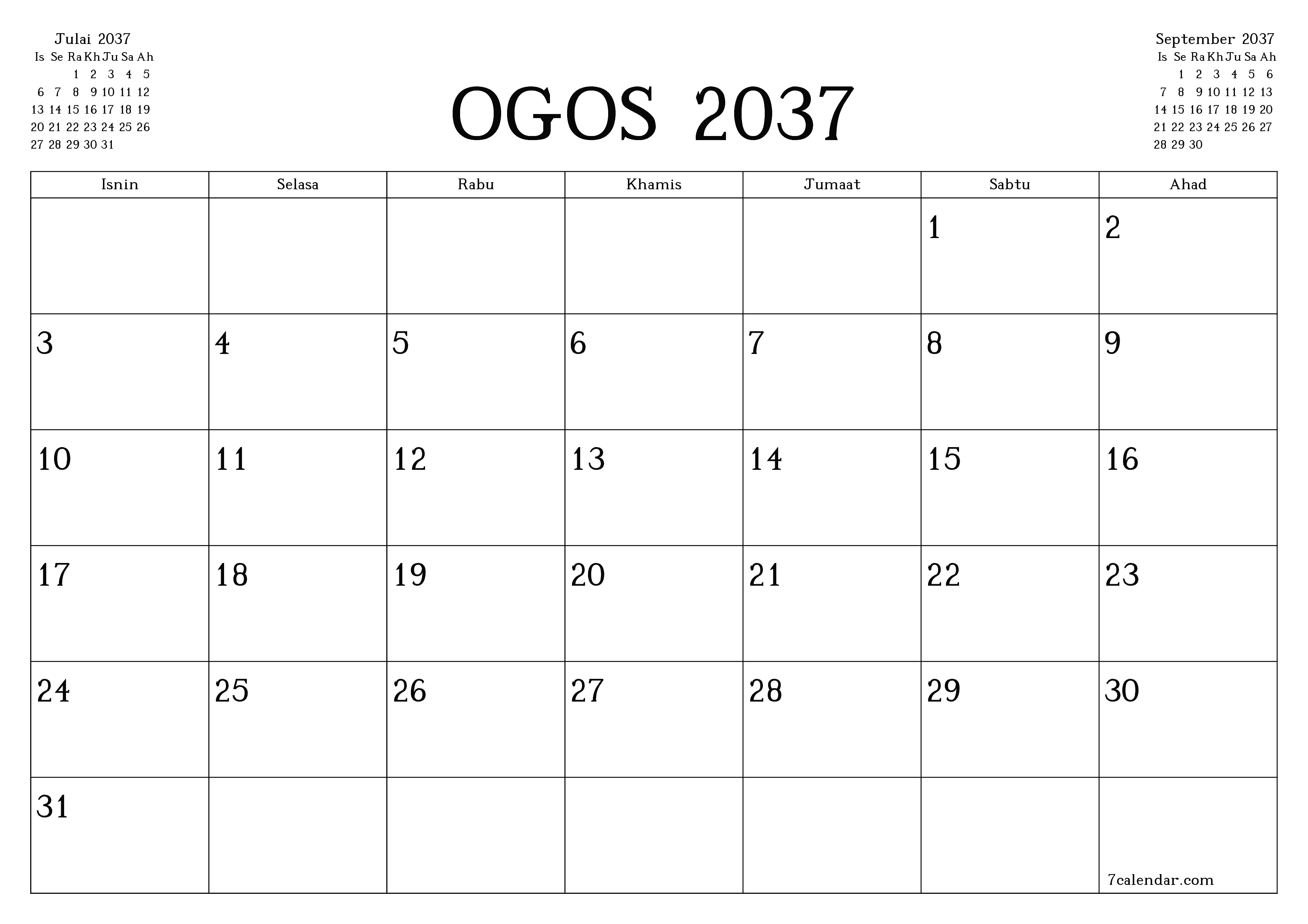 Perancang bulanan kosong untuk bulan Ogos 2037 dengan nota, simpan dan cetak ke PDF PNG Malay