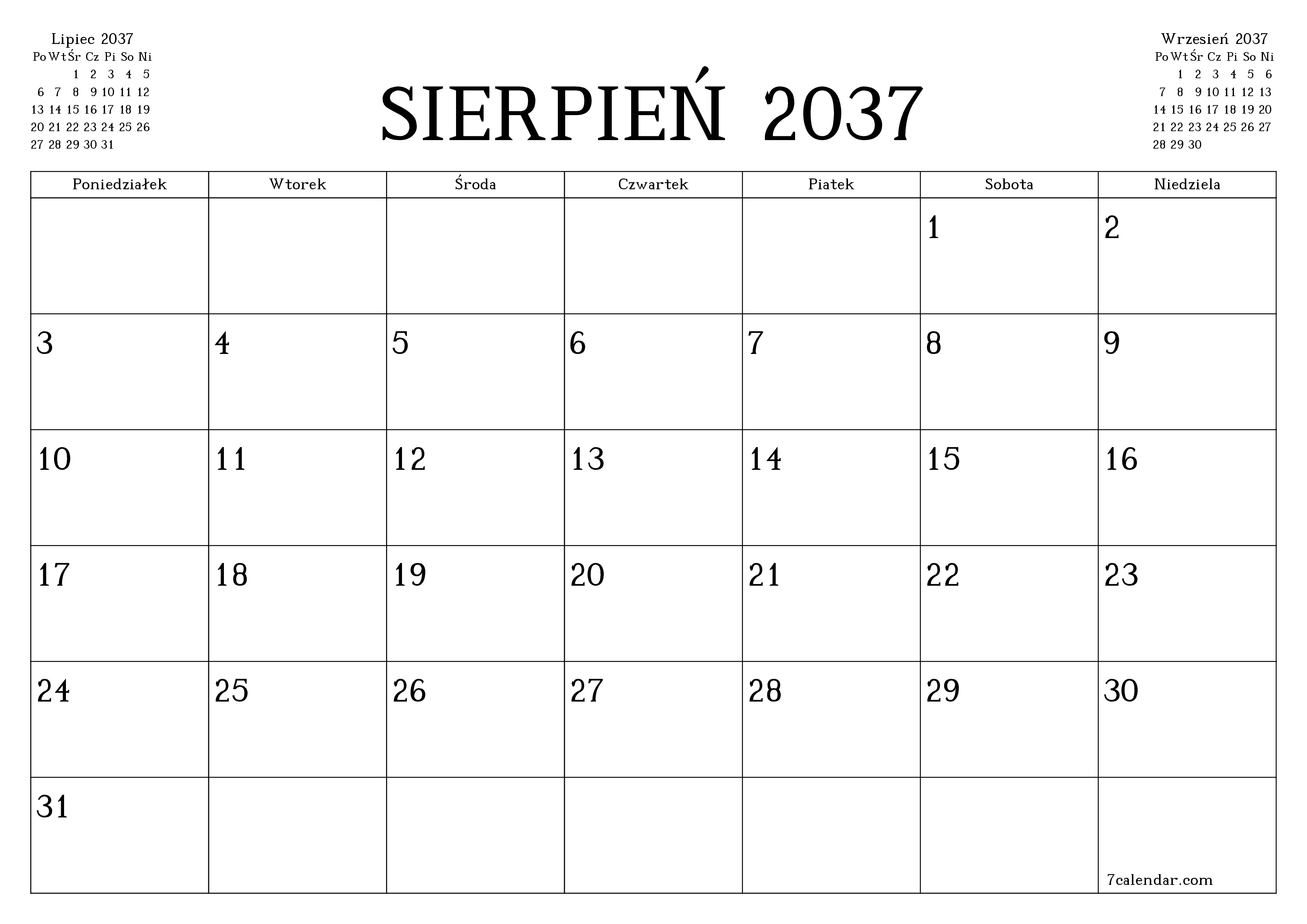 Opróżnij miesięczny planer na miesiąc Sierpień 2037 z notatkami, zapisz i wydrukuj w formacie PDF PNG Polish