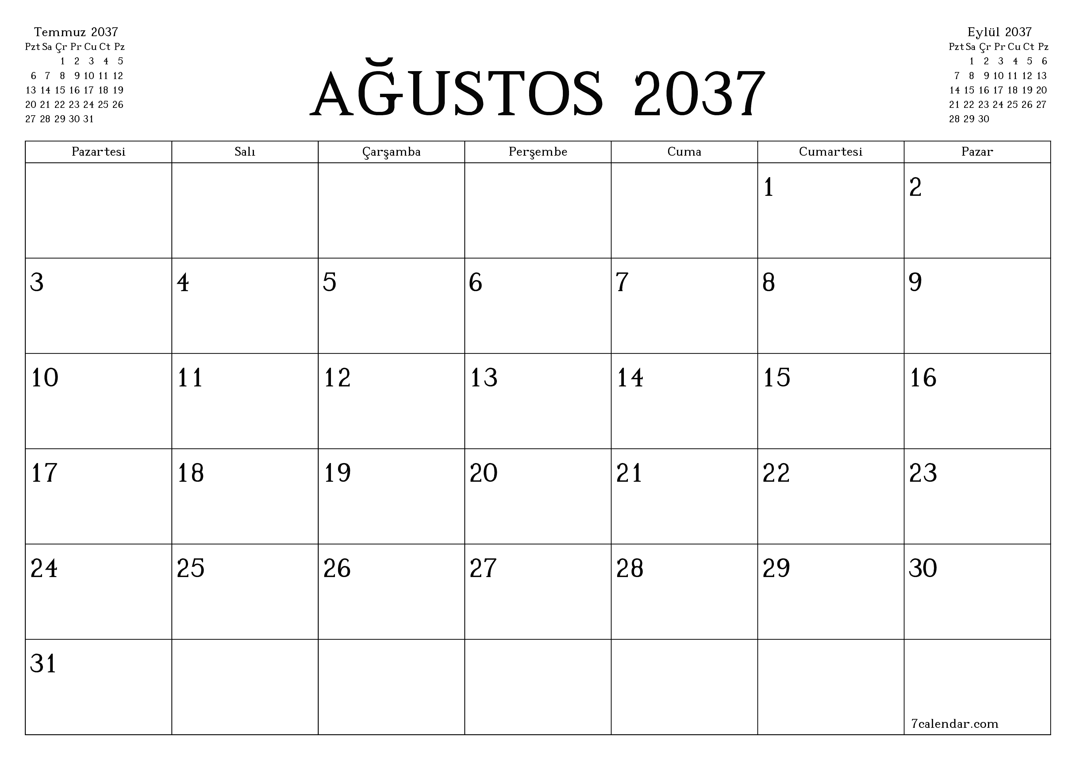 Ağustos 2037 ayı için notlarla birlikte boş aylık planlayıcı, kaydedin ve PDF'ye yazdırın PNG Turkish