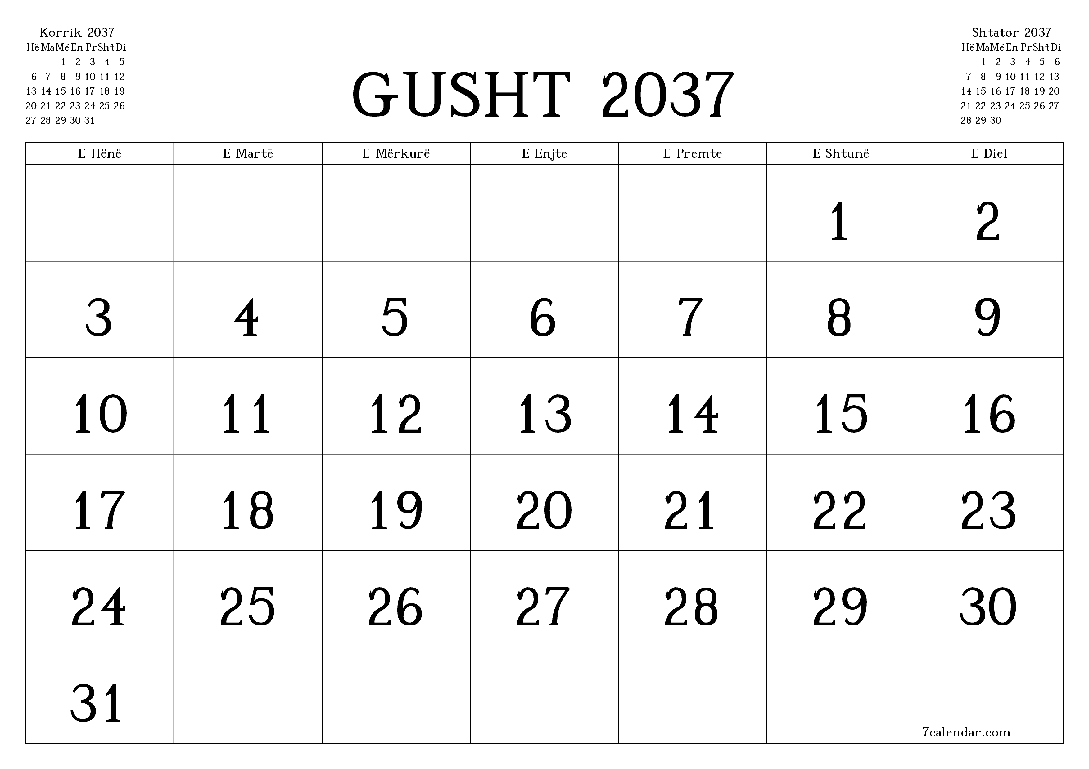 Planifikuesi i zbrazët i kalendarit mujor për muajin Gusht 2037 me shënime të ruajtura dhe të printuara në PDF PNG Albanian