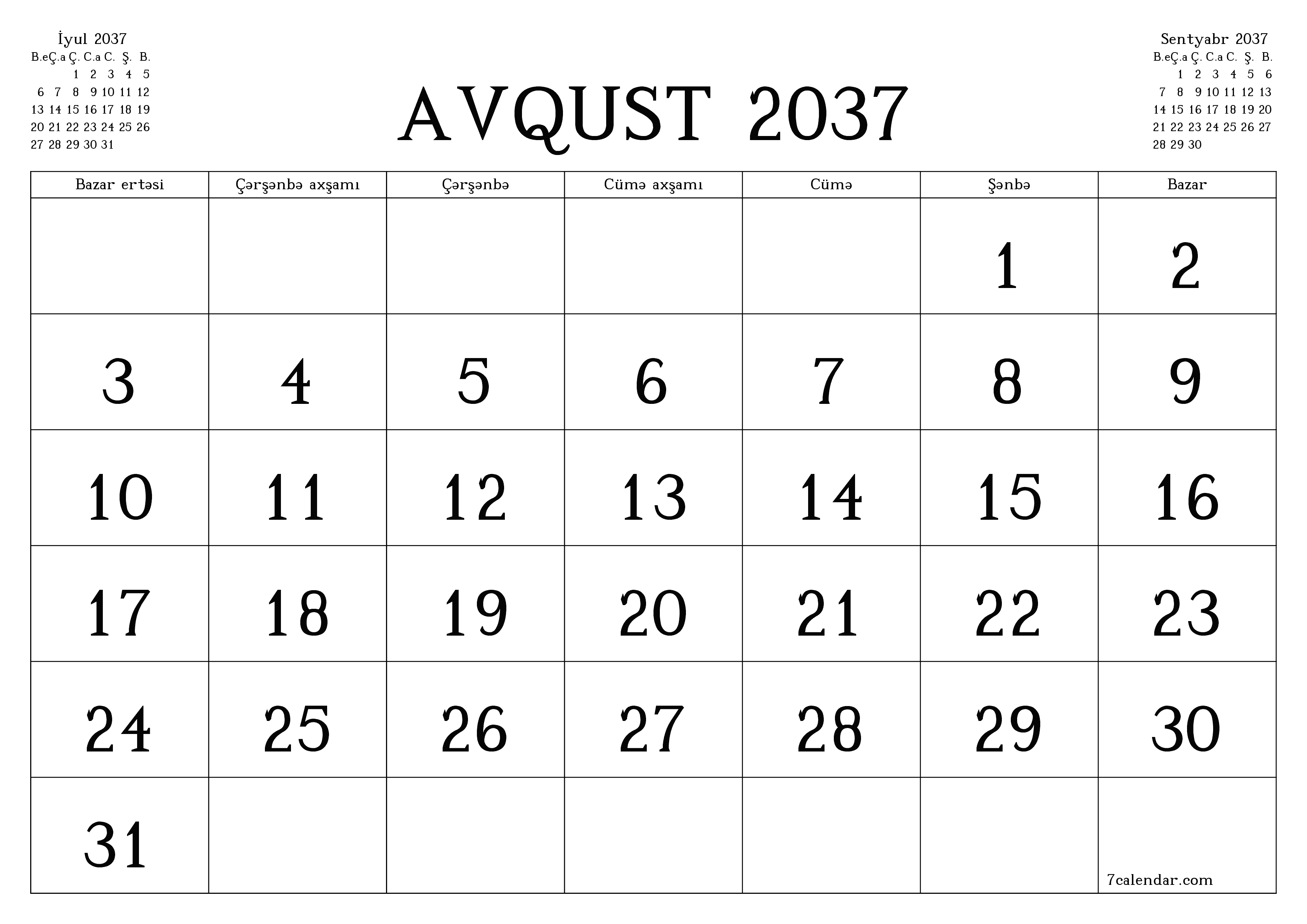 Avqust 2037 ayı üçün qeydlər ilə boş aylıq planlayıcı, qeyd edin və PDF-ə yazdırın PNG Azerbaijani