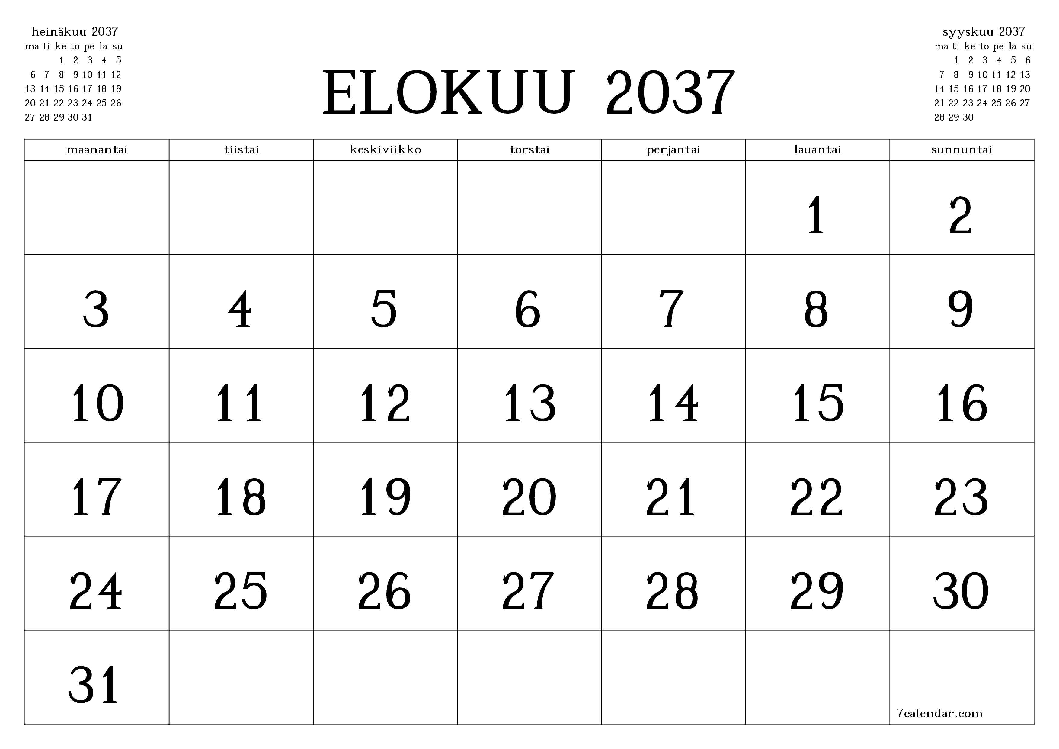 Tyhjennä kuukausittainen suunnittelija kuukaudelle Elokuu 2037 muistiinpanoilla, tallenna ja tulosta PDF-muotoon PNG Finnish