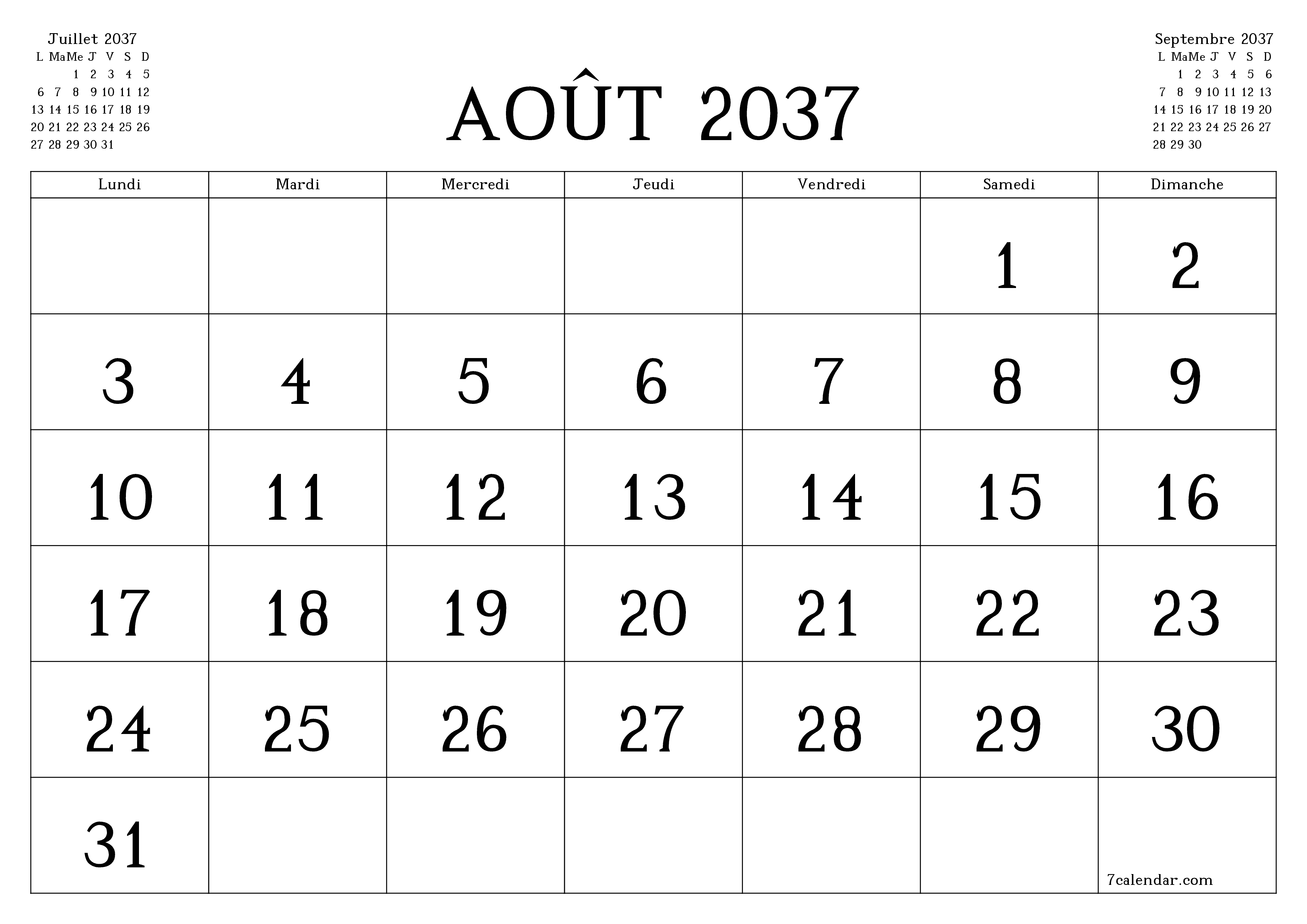Agenda mensuel vide pour le mois Août 2037 avec notes, enregistrez et imprimez au format PDF PNG French
