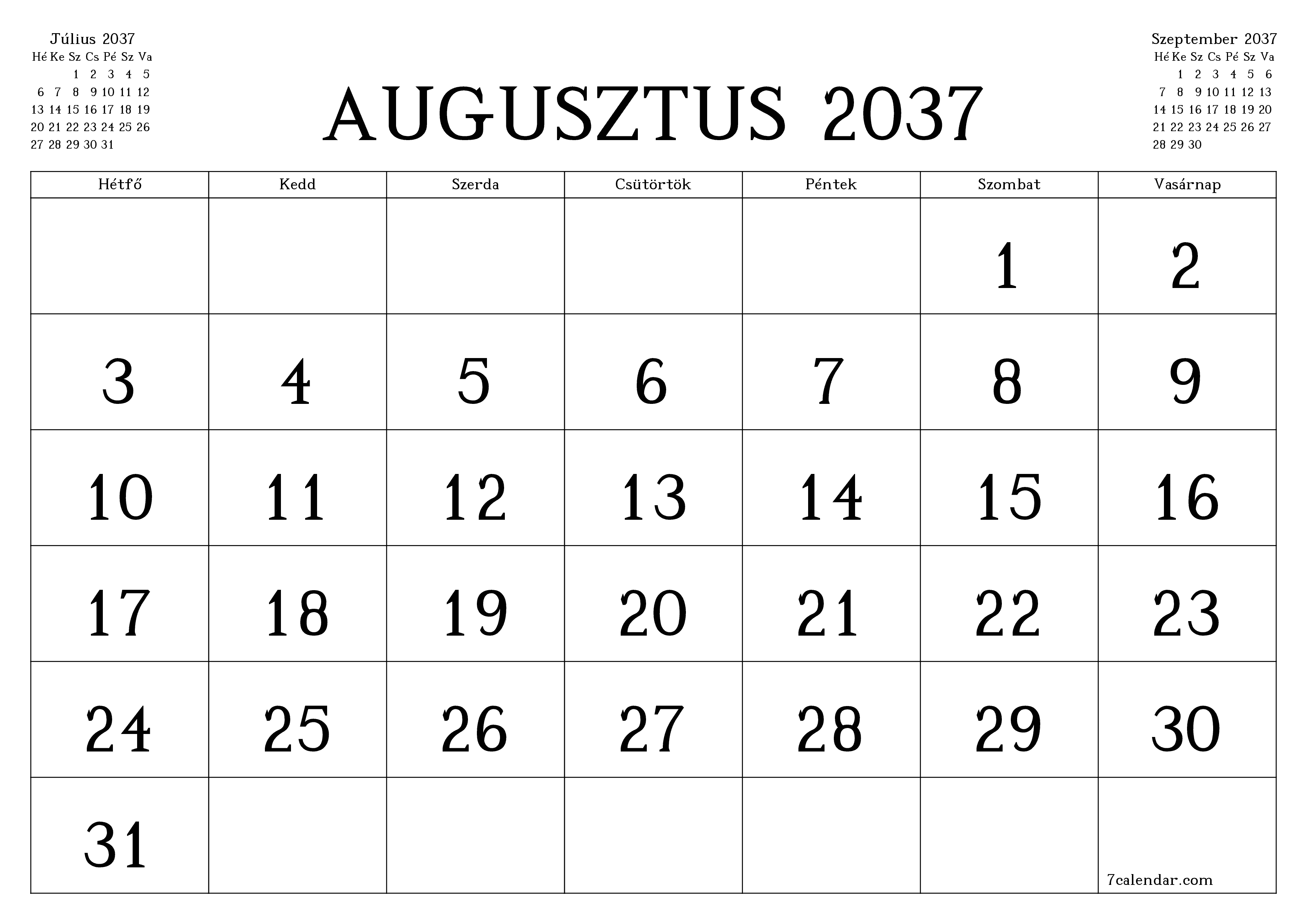 Üres havi tervező a Augusztus 2037 hónapra jegyzetekkel, mentés és nyomtatás PDF-be PNG Hungarian