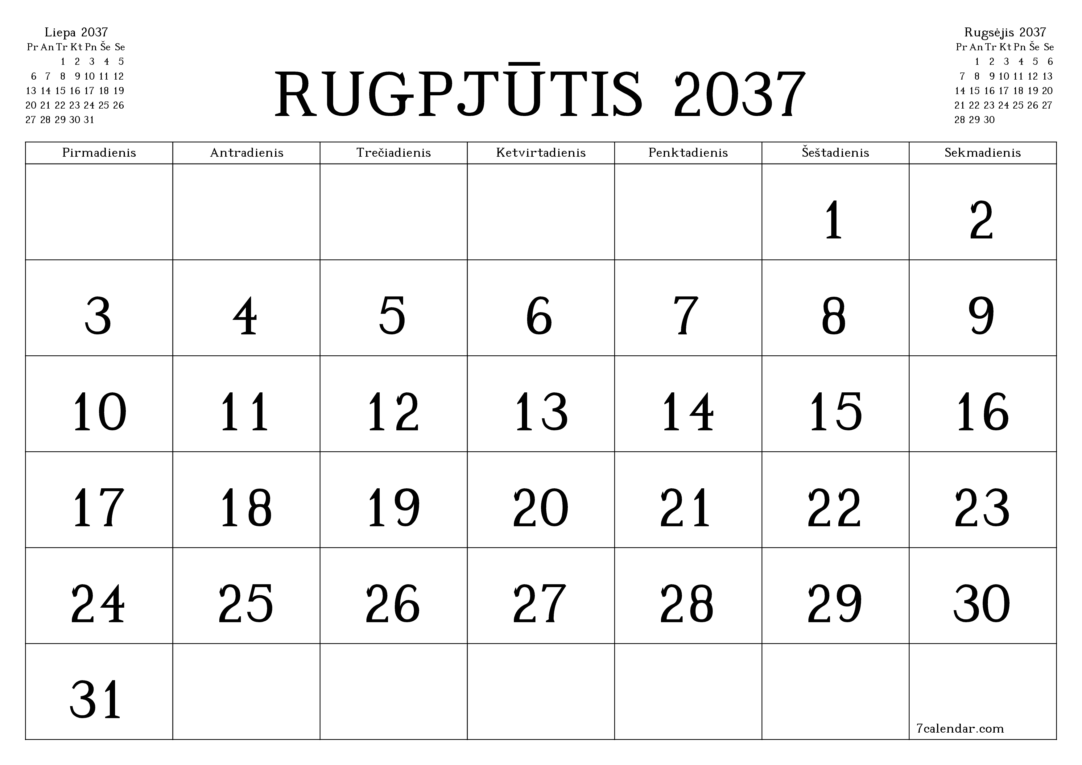 Ištuštinti mėnesio Rugpjūtis 2037 mėnesio planavimo priemonę su užrašais, išsaugoti ir atsispausdinti PDF formate PNG Lithuanian