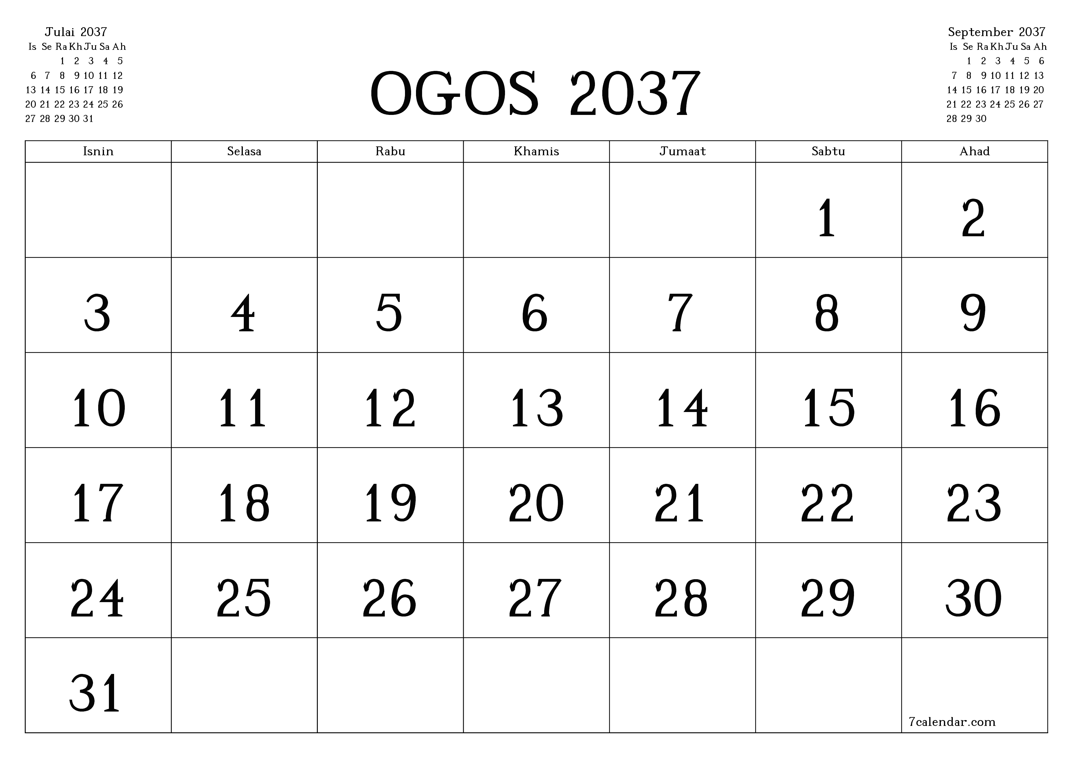 Perancang bulanan kosong untuk bulan Ogos 2037 dengan nota, simpan dan cetak ke PDF PNG Malay