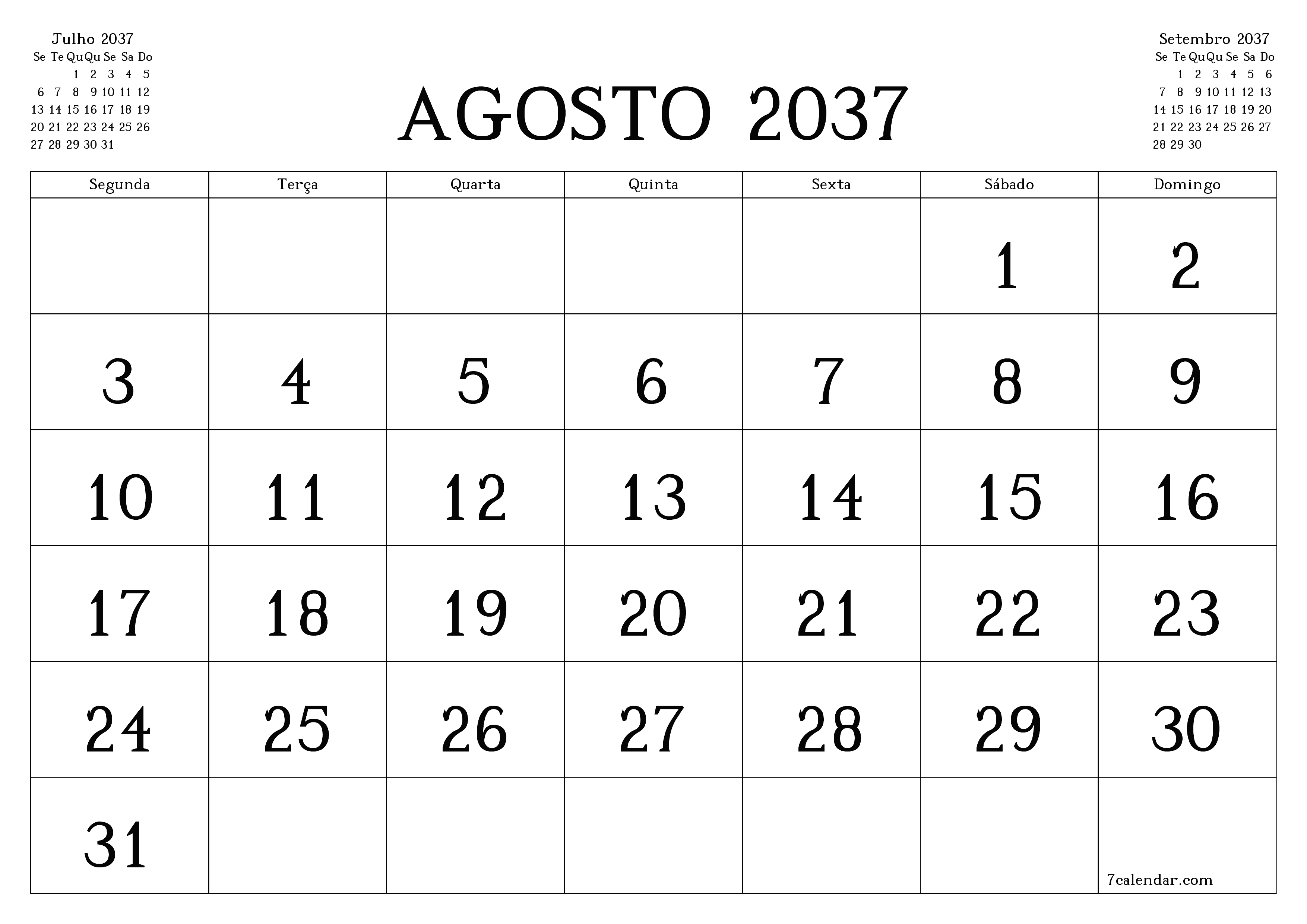 Esvazie o planejador mensal para o mês Agosto 2037 com notas, salve e imprima em PDF PNG Portuguese