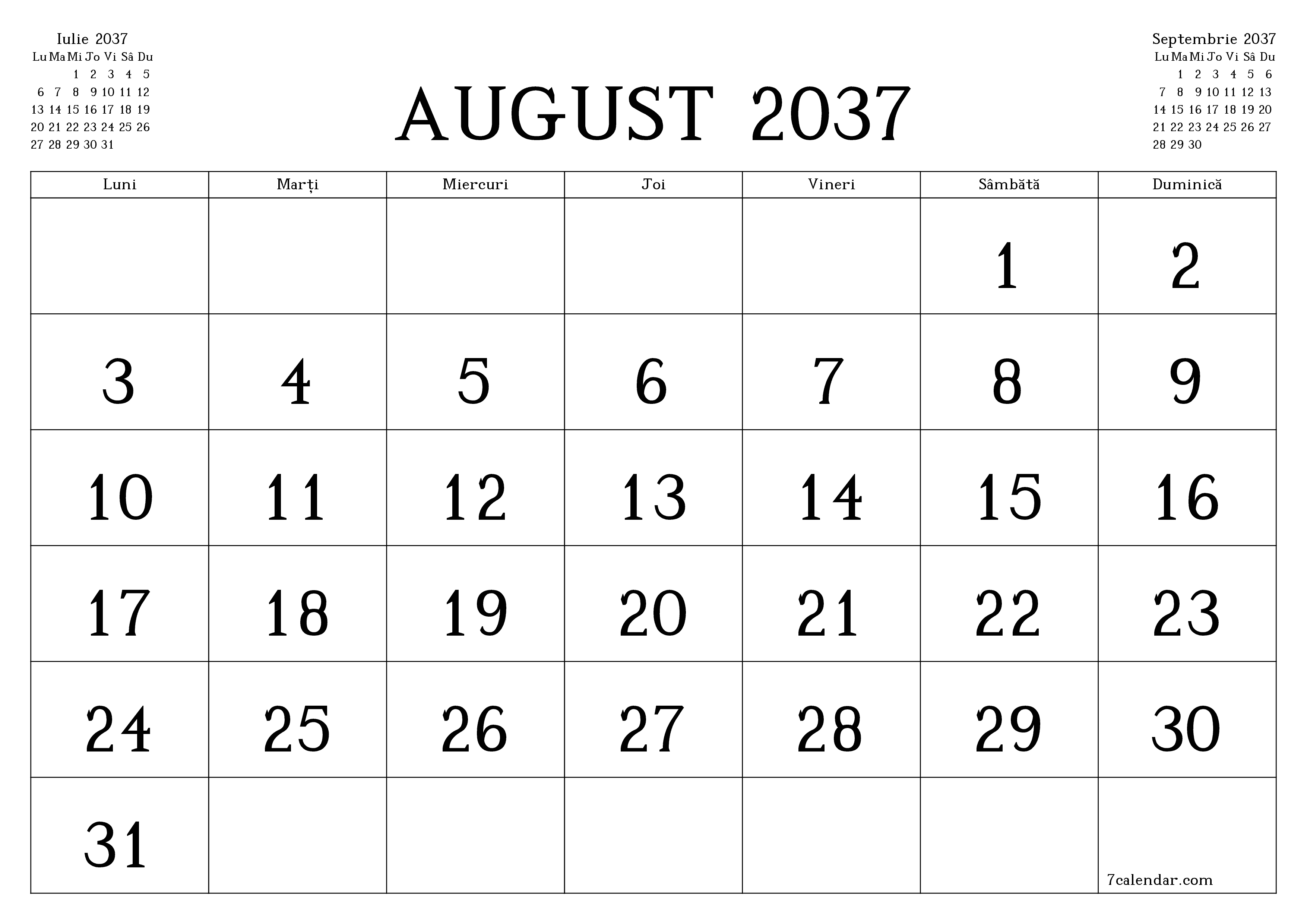 Planificator lunar gol pentru luna August 2037 cu note, salvați și tipăriți în PDF PNG Romanian