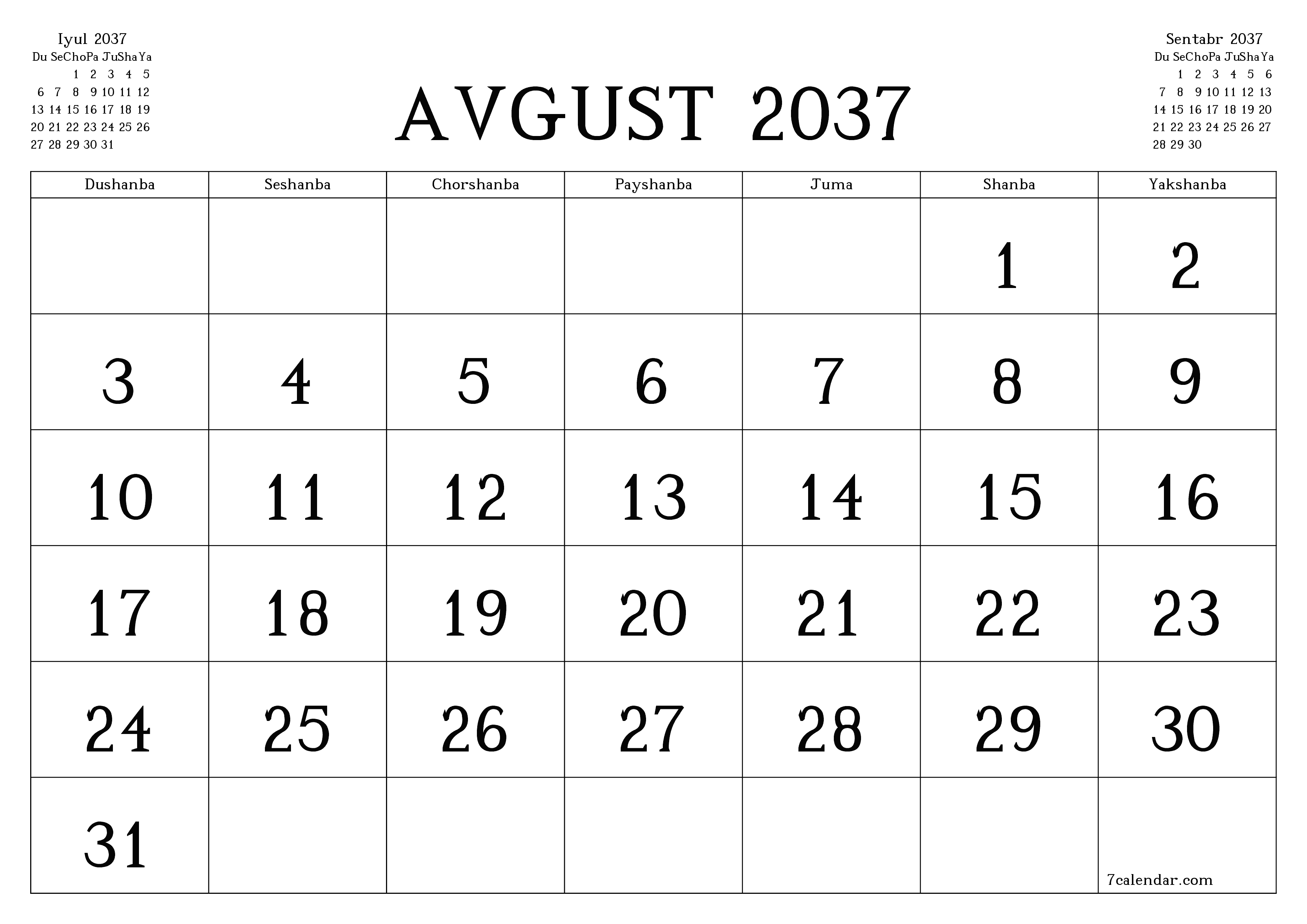 Avgust 2037 oylik oylik rejalashtiruvchini yozuvlar bilan bo'shatish, saqlash va PDF-ga chop etish PNG Uzbek