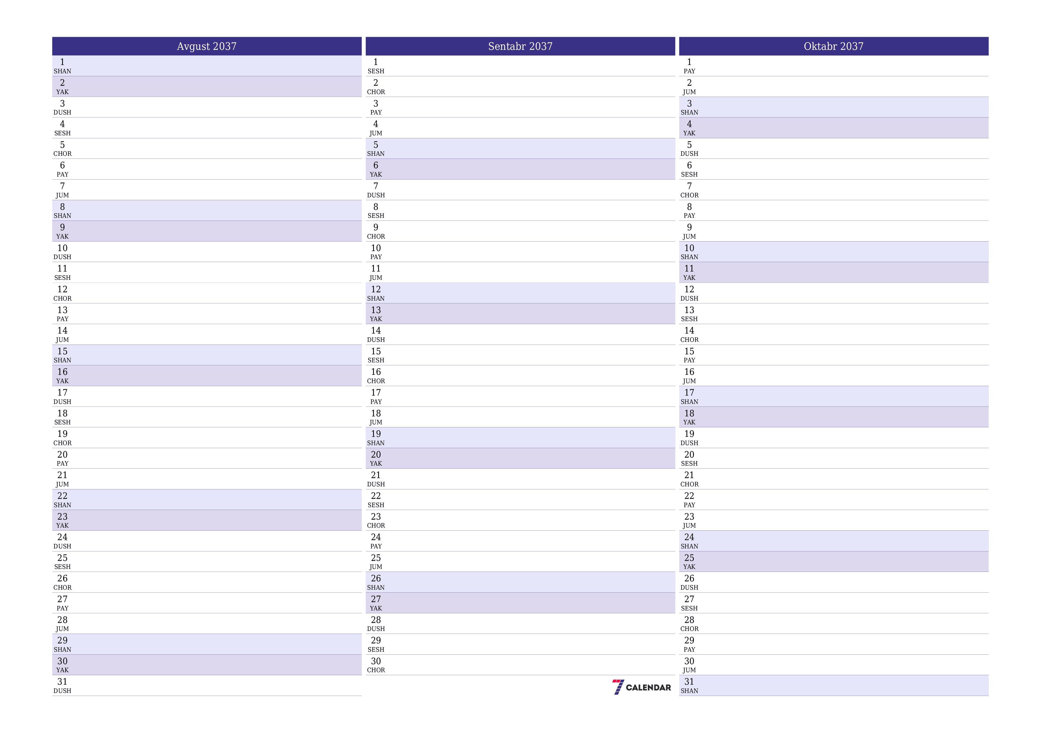 Avgust 2037 oylik oylik rejalashtiruvchini yozuvlar bilan bo'shatish, saqlash va PDF-ga chop etish PNG Uzbek