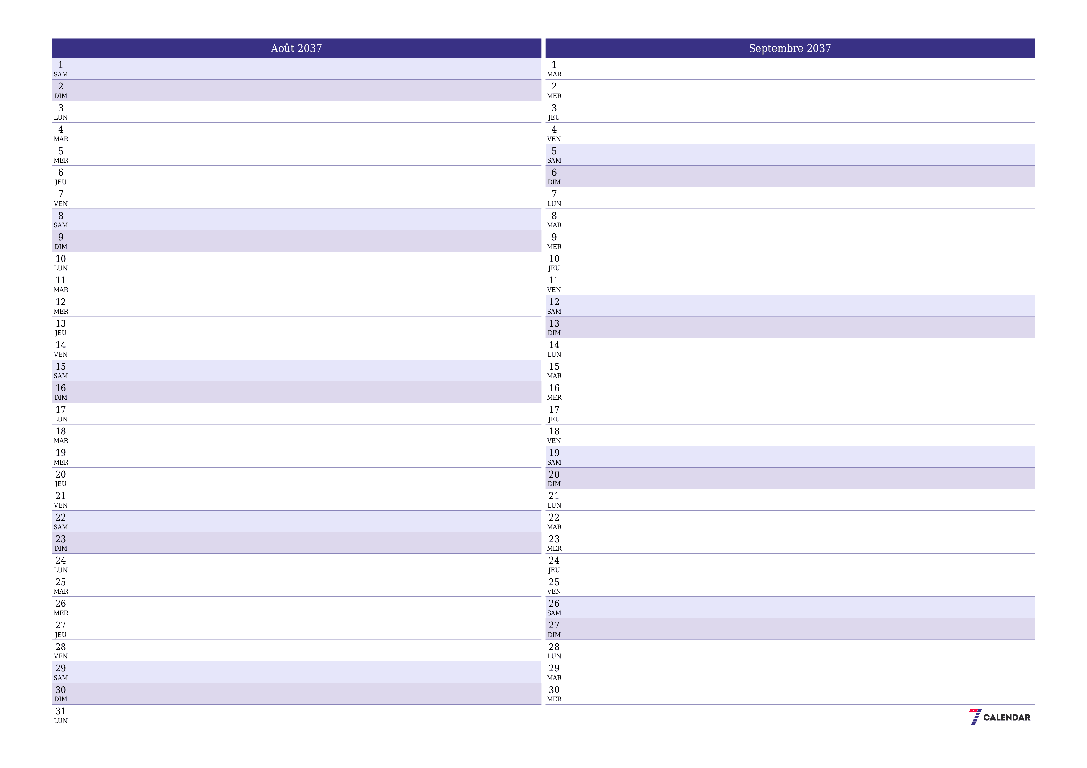 Agenda mensuel vide pour le mois Août 2037 avec notes, enregistrez et imprimez au format PDF PNG French