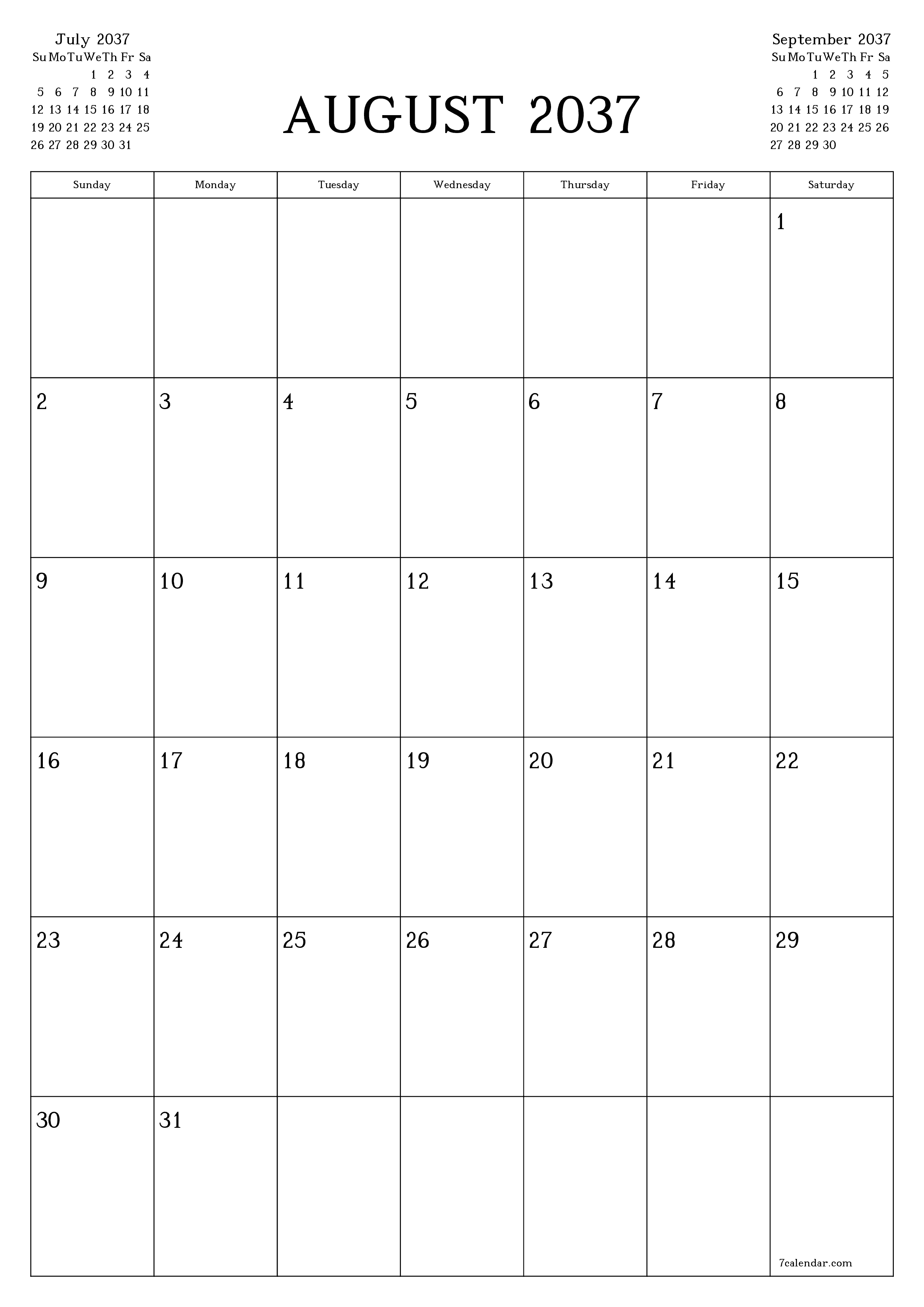 Blank calendar August 2037