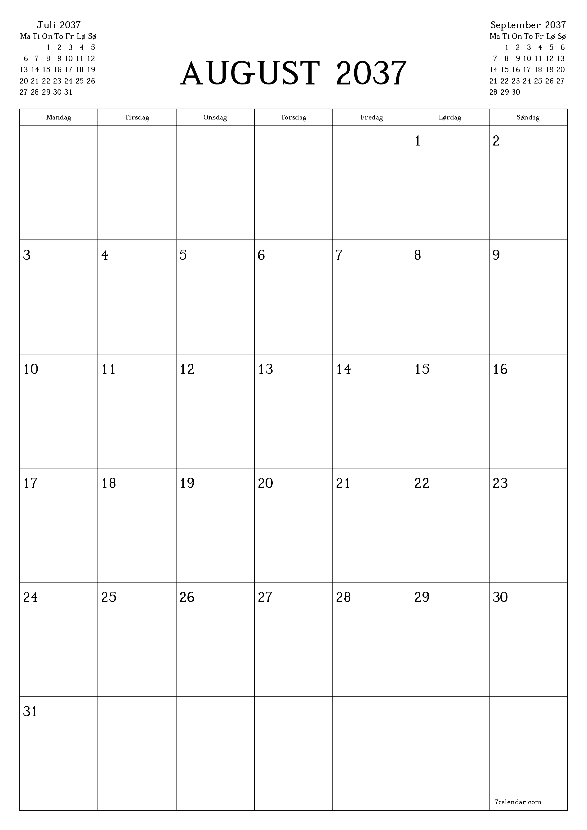 udskrivbar væg skabelon gratis lodret Månedlig planlægger kalender August (Aug) 2037
