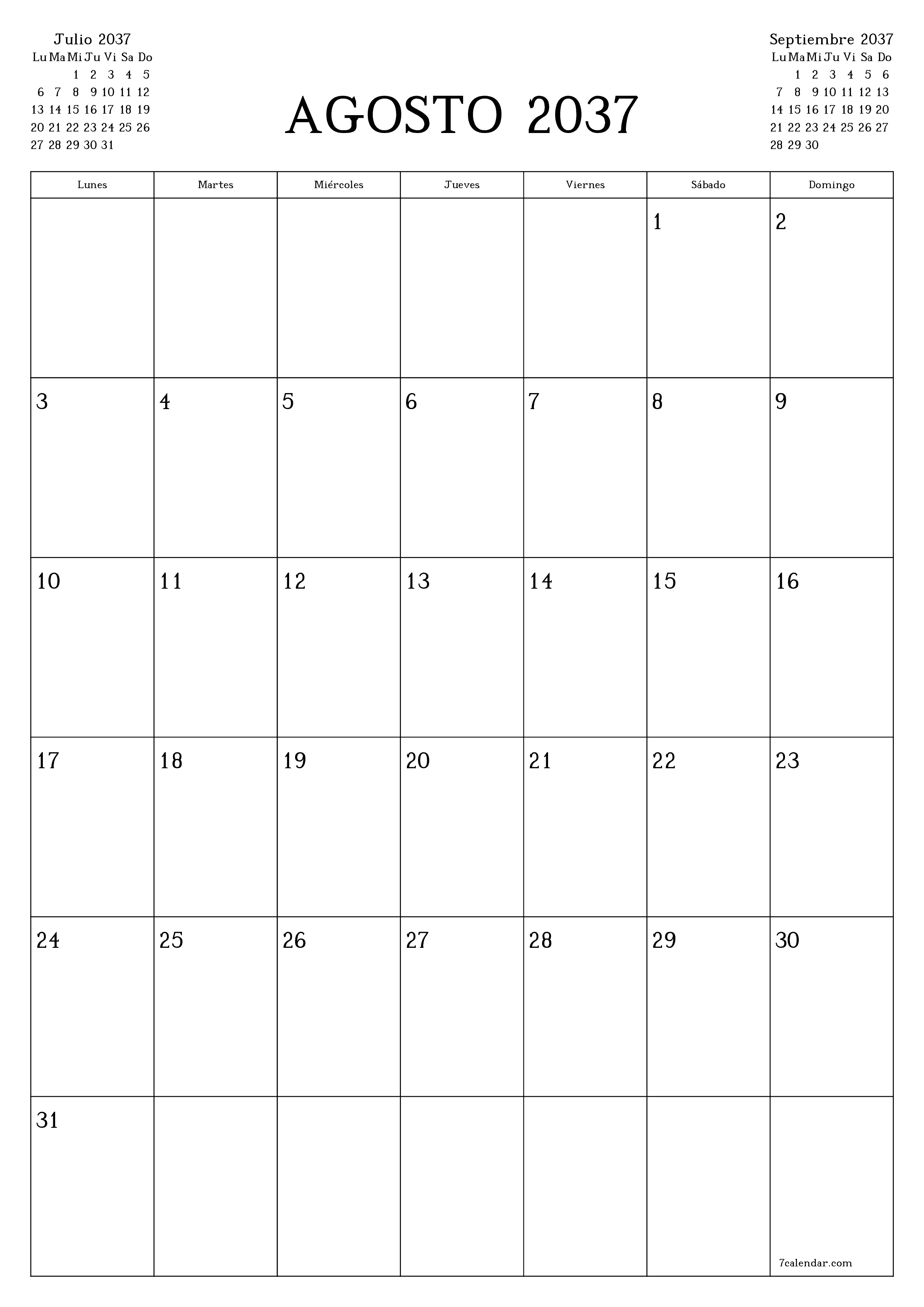 imprimible de pared plantilla de gratisvertical Mensual planificador calendario Agosto (Ago) 2037